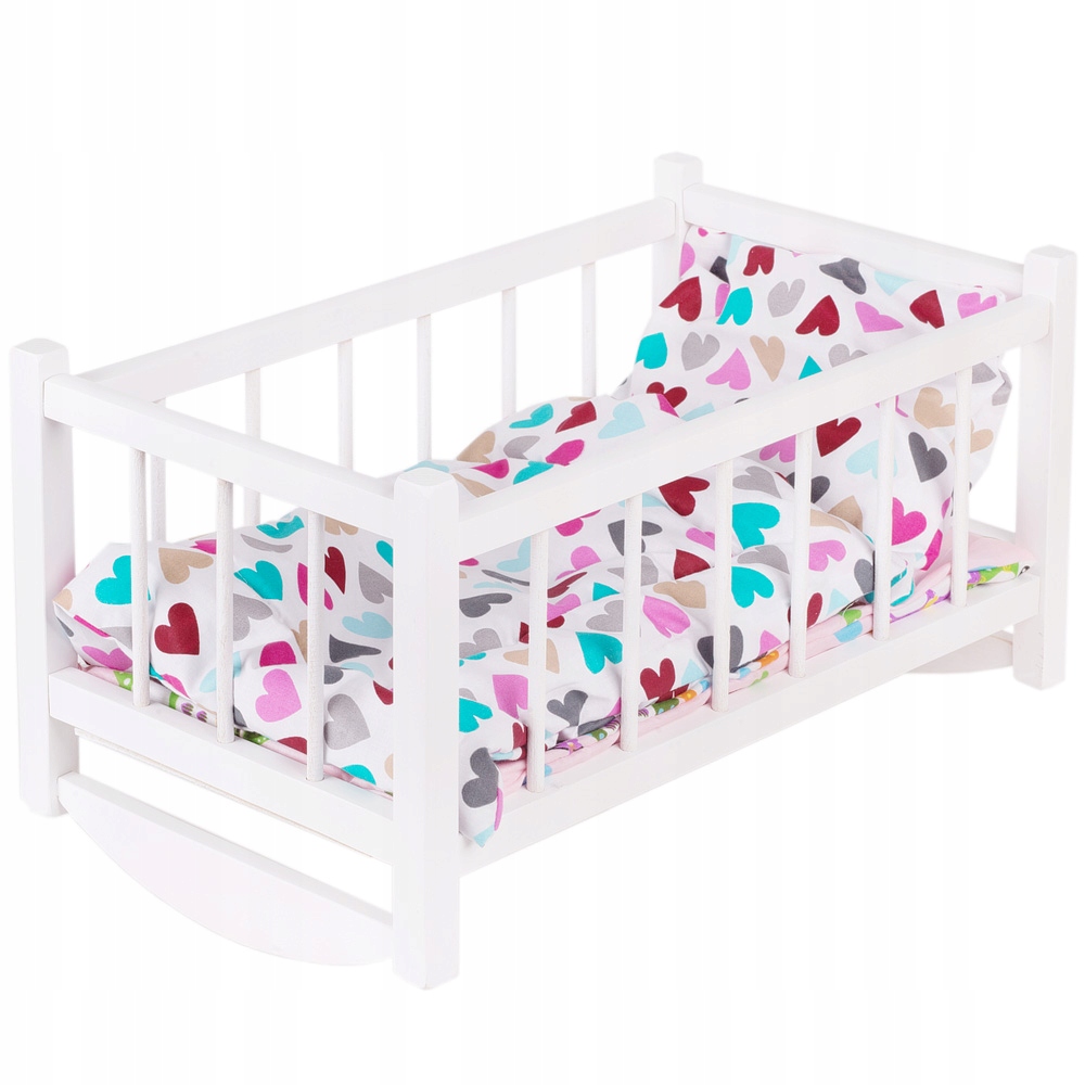 KOŁYSKA DREWNIANA BIAŁA DLA LALEK PEEWIT + POŚCIEL KWIATY/SERCA