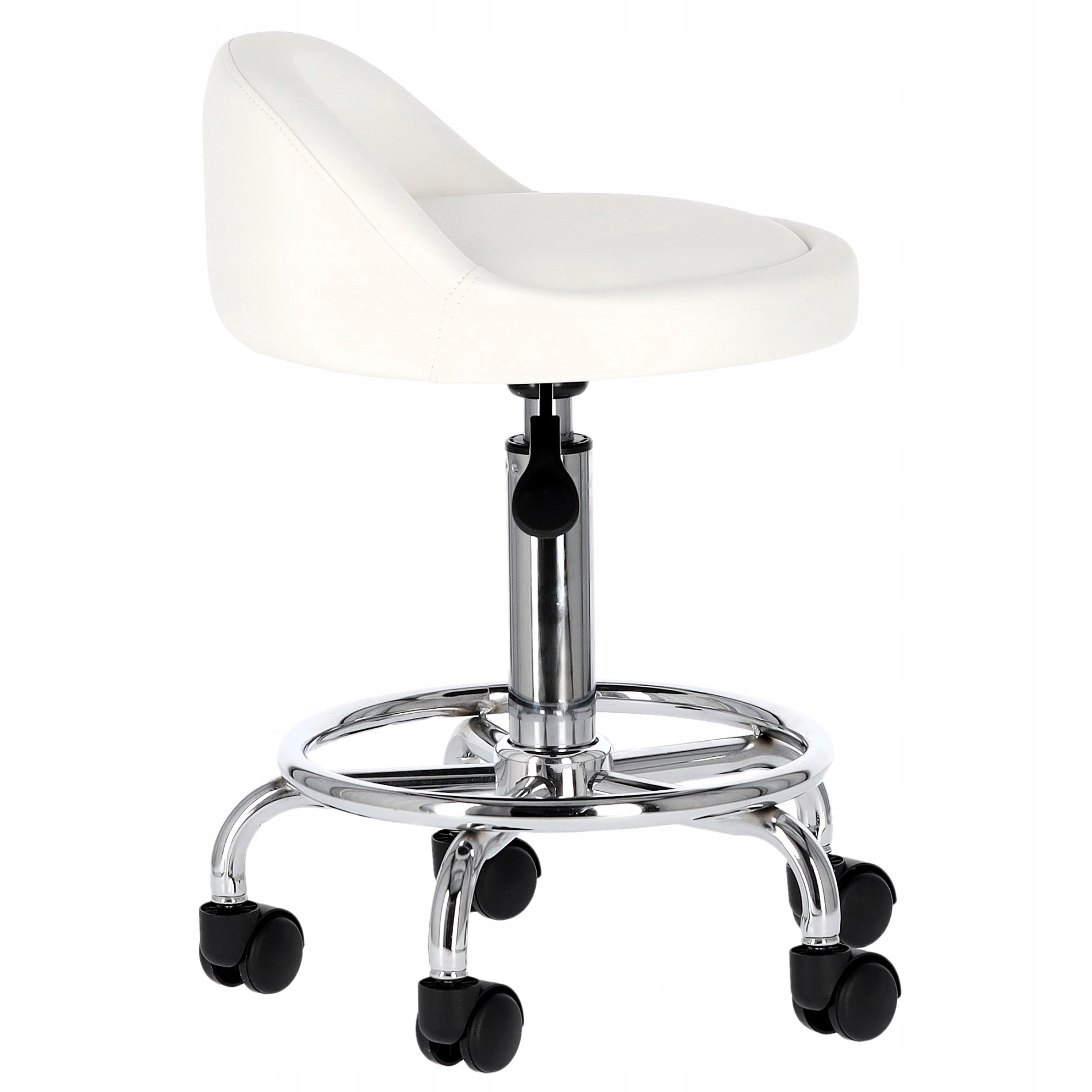 Taboret kosmetyczny fryzjerski z oparciem biały obrotowy hoker SPA mobilny Model Taboret kosmetyczny z oparciem