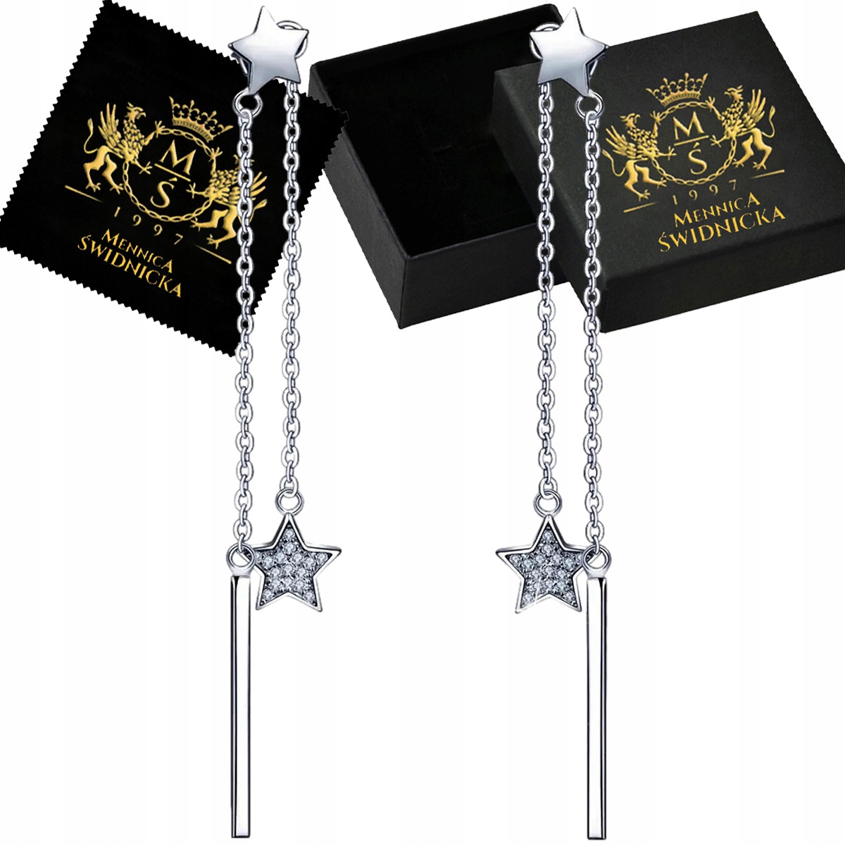 Kolczyki Srebrne Srebro 925 Wiszące Gwiazdka z Cyrkoniami Długie Damskie