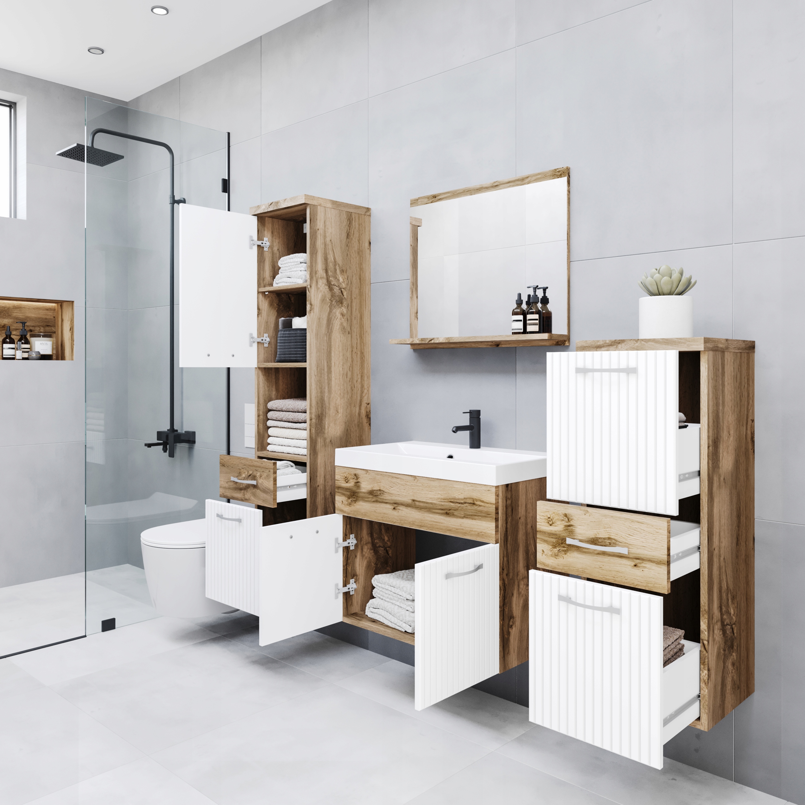 Meble łazienkowe ALBA DĄB WOTAN / BIAŁE RYFLE MDF, lustro, umywalka Marka Bratex