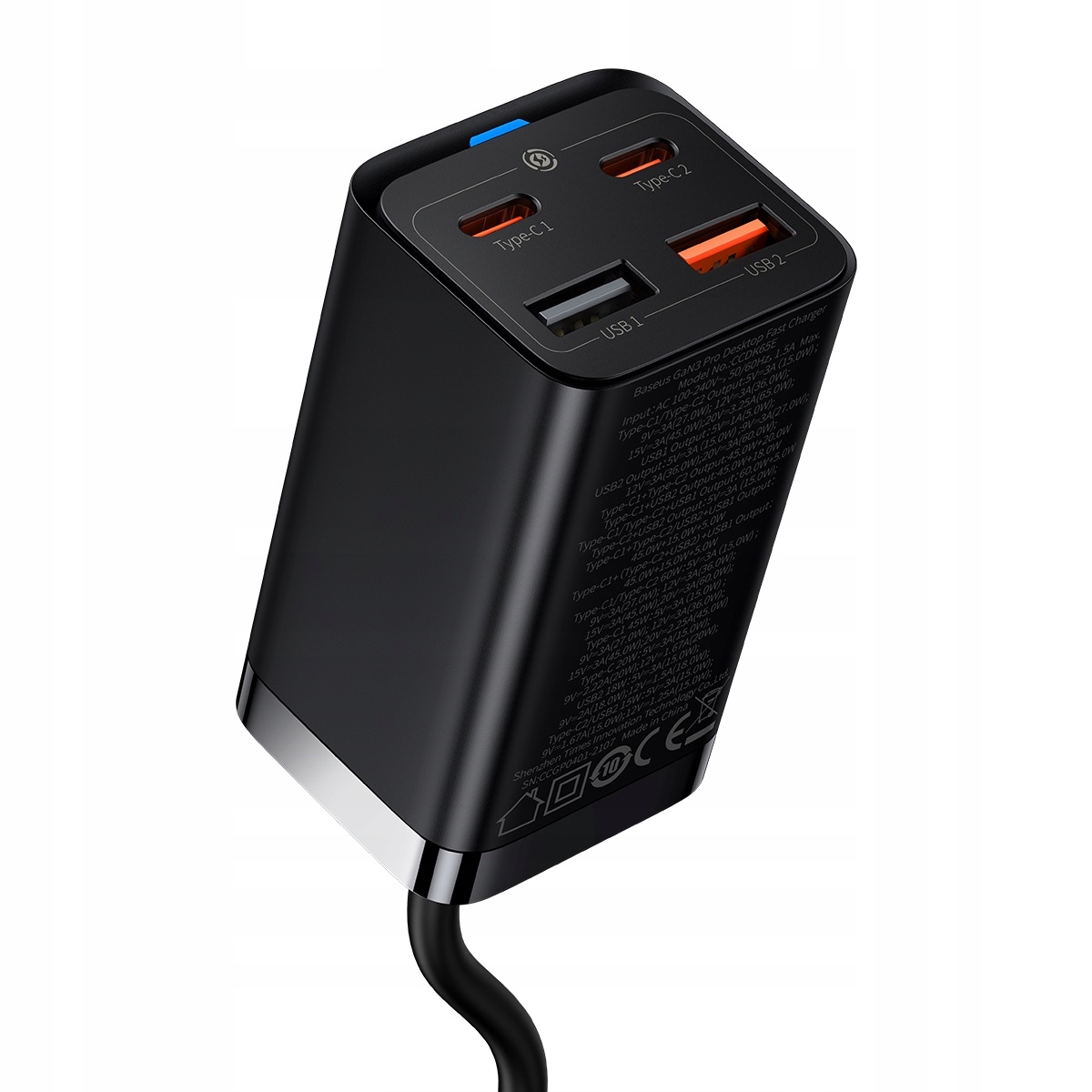 Ładowarka BASEUS GaN3 PRO 65W 2x USB-C 2xUSB-A PD QC4 + Kabel USB-C Długość przewodu 1 m