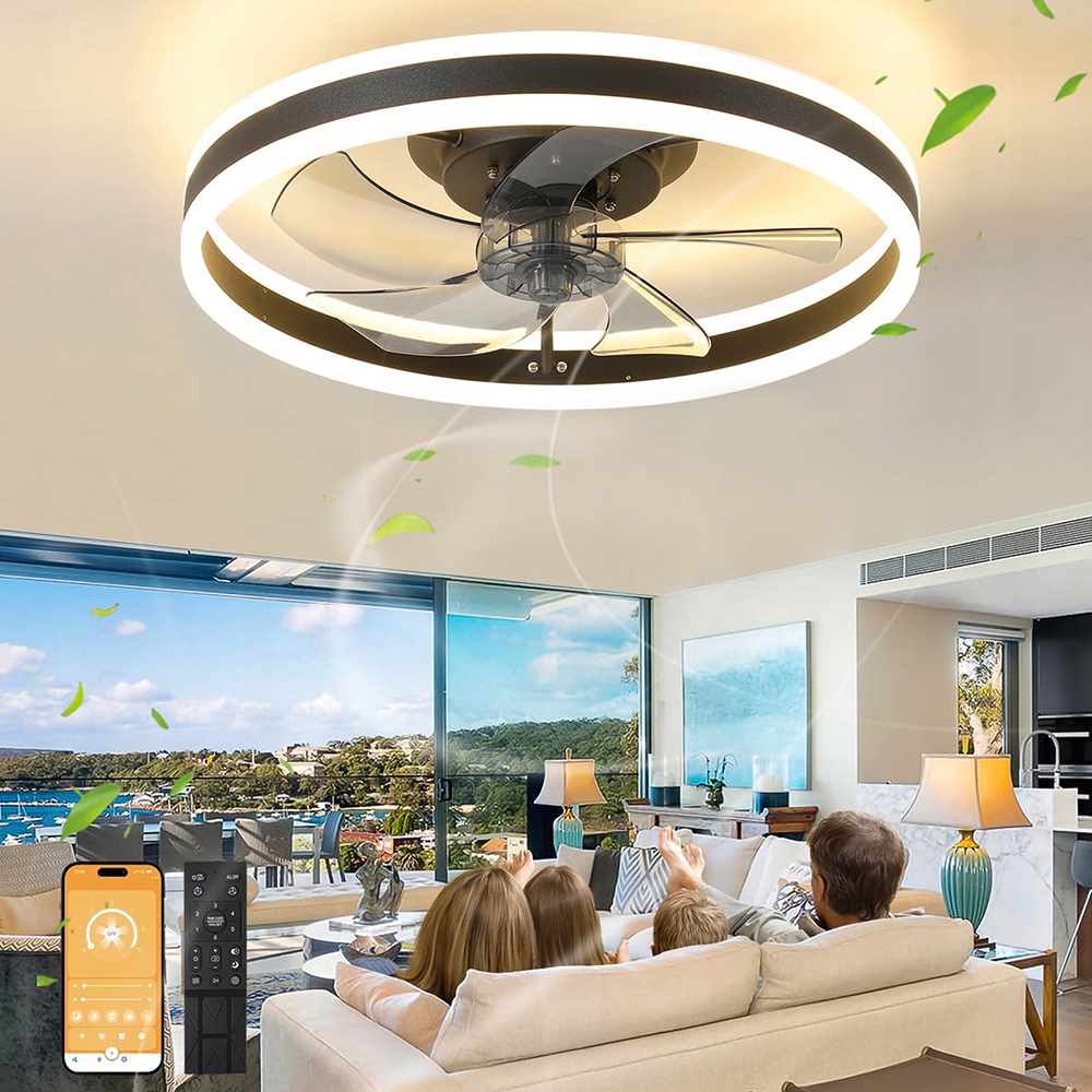 Lustr Stropní Ventilátor Lampa Ring 50CM Stropní Svítidlo Větrák Černý