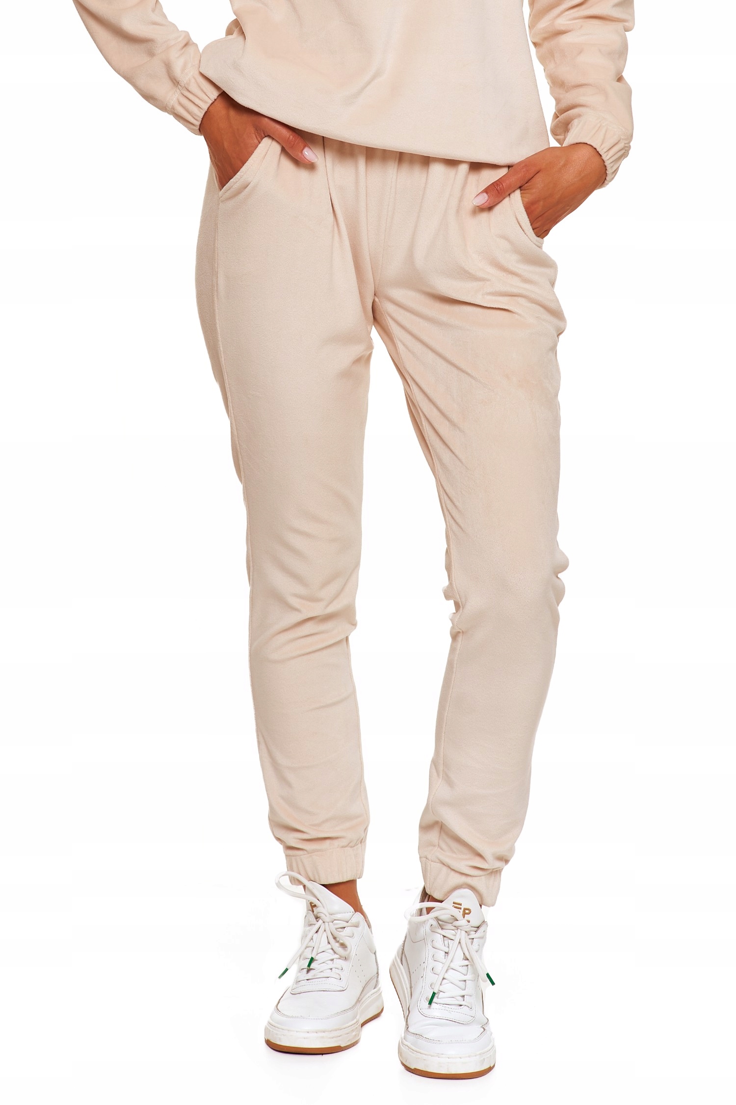 SPODNIE BEŻOWE DRESOWE DAMSKIE WELUROWE Z KIESZENIAMI GŁADKIE MORAJ XXL Wzór dominujący bez wzoru