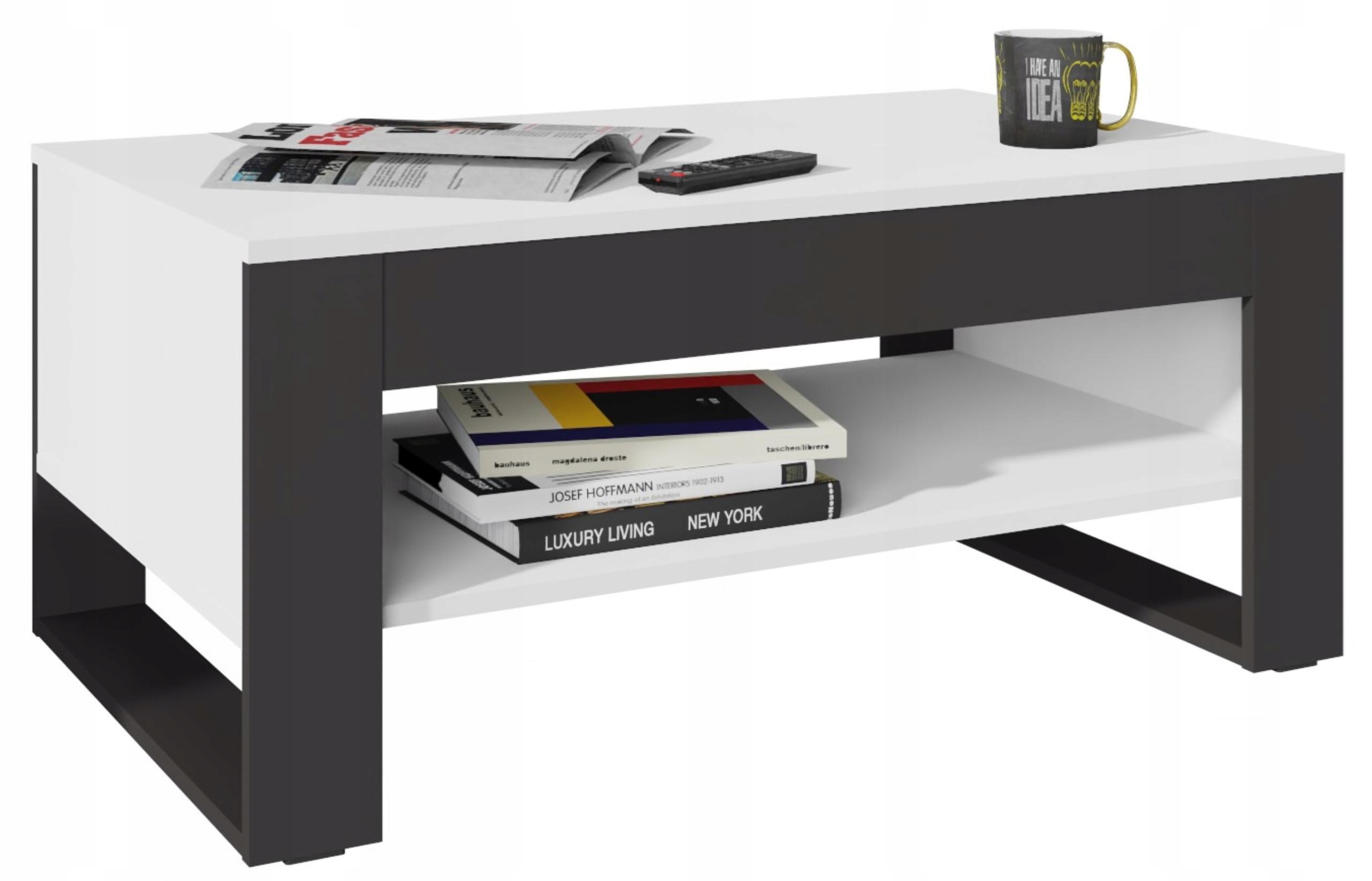 Lavica Flow bielo-čierna s priestrannou poličkou konferenčný stolík 100 cm loft retro