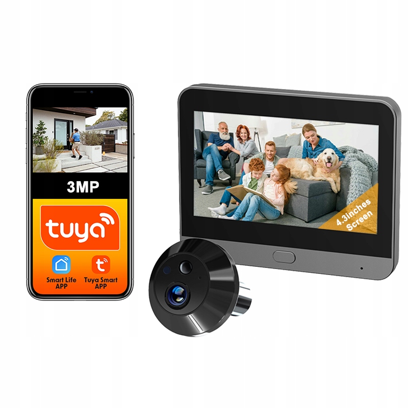 Wizjer do drzwi z ekranem kamerą Full Hd WiFi Tuya tryb nocny 5000 mAh 3MP
