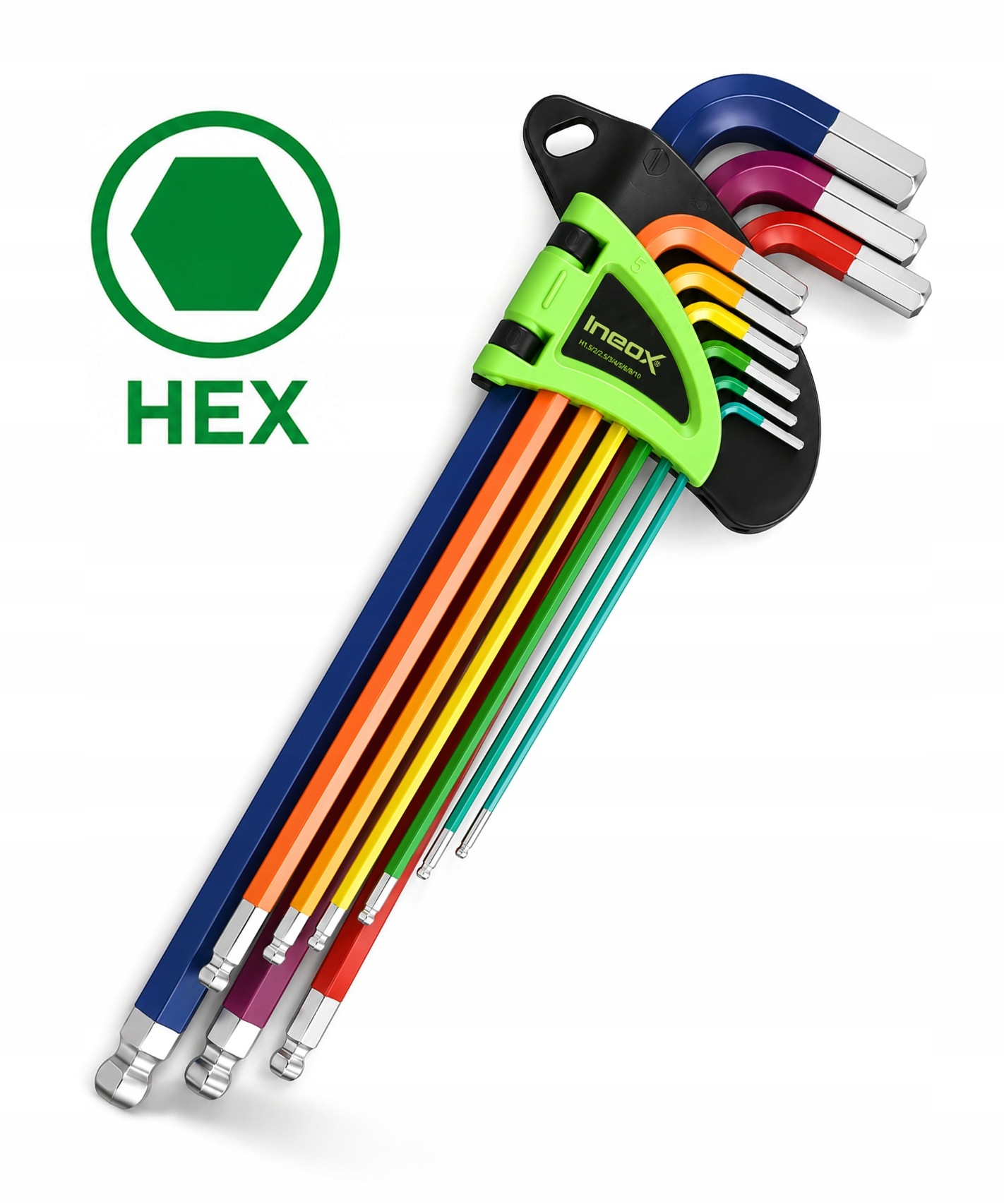 Klucze Imbusowe Hex z Kulką Długie Kolorowe 1.5-10mm Stal S2 Hrc 9 Sztuk