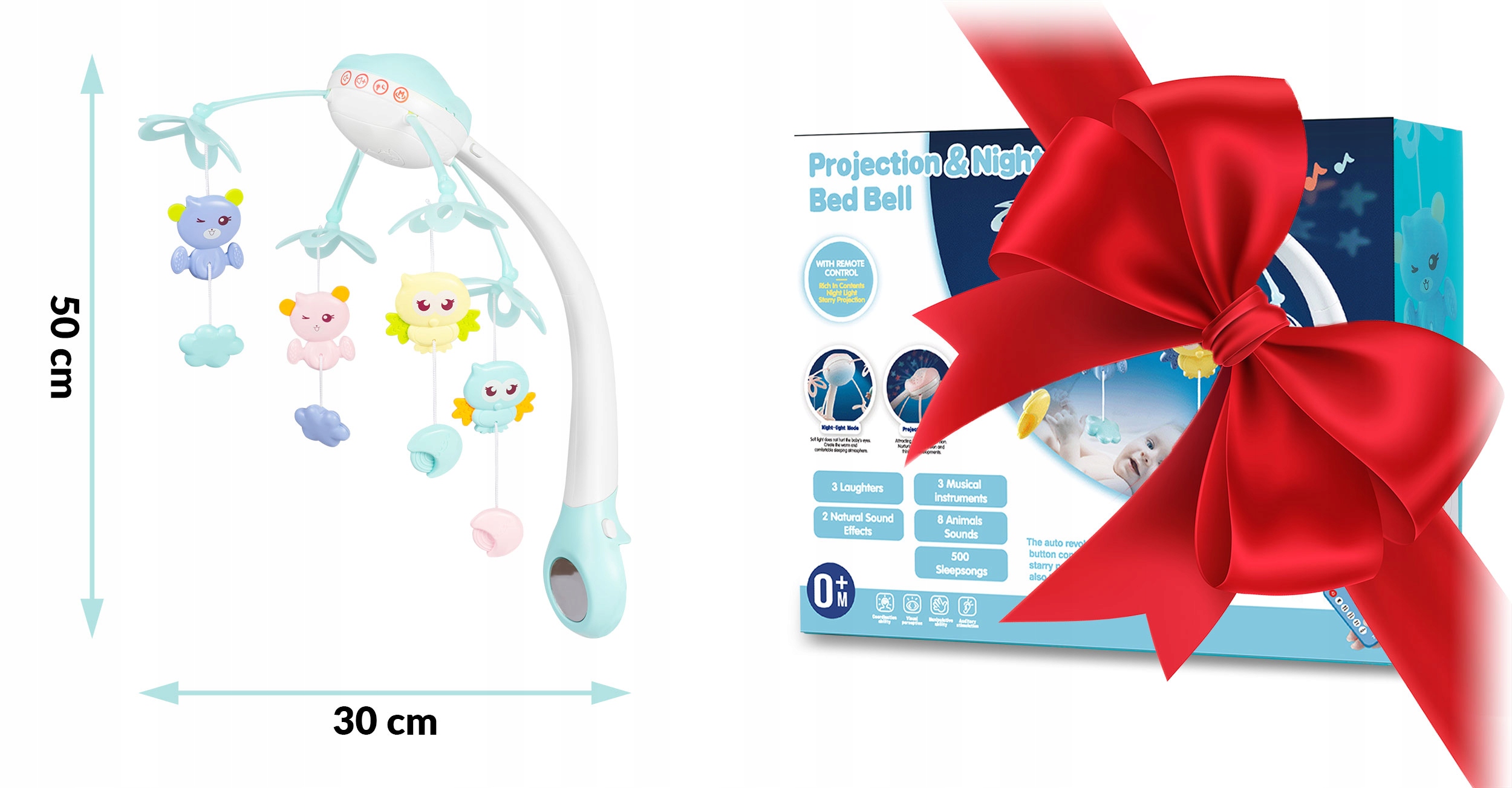 KARUZELA DO ŁÓŻECZKA PROJEKTOR LAMPKA PILOT MUZYKA NIEBIESKA Głębokość produktu 30 cm