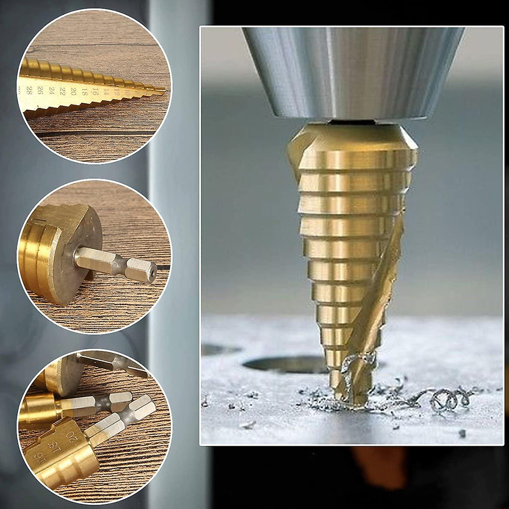 WIERTŁA STOŻKOWE STOPNIOWE DO METALU DREWNA PLASTIKU BLACH ZESTAW 4-32 MM Zastosowanie do blach do plastiku