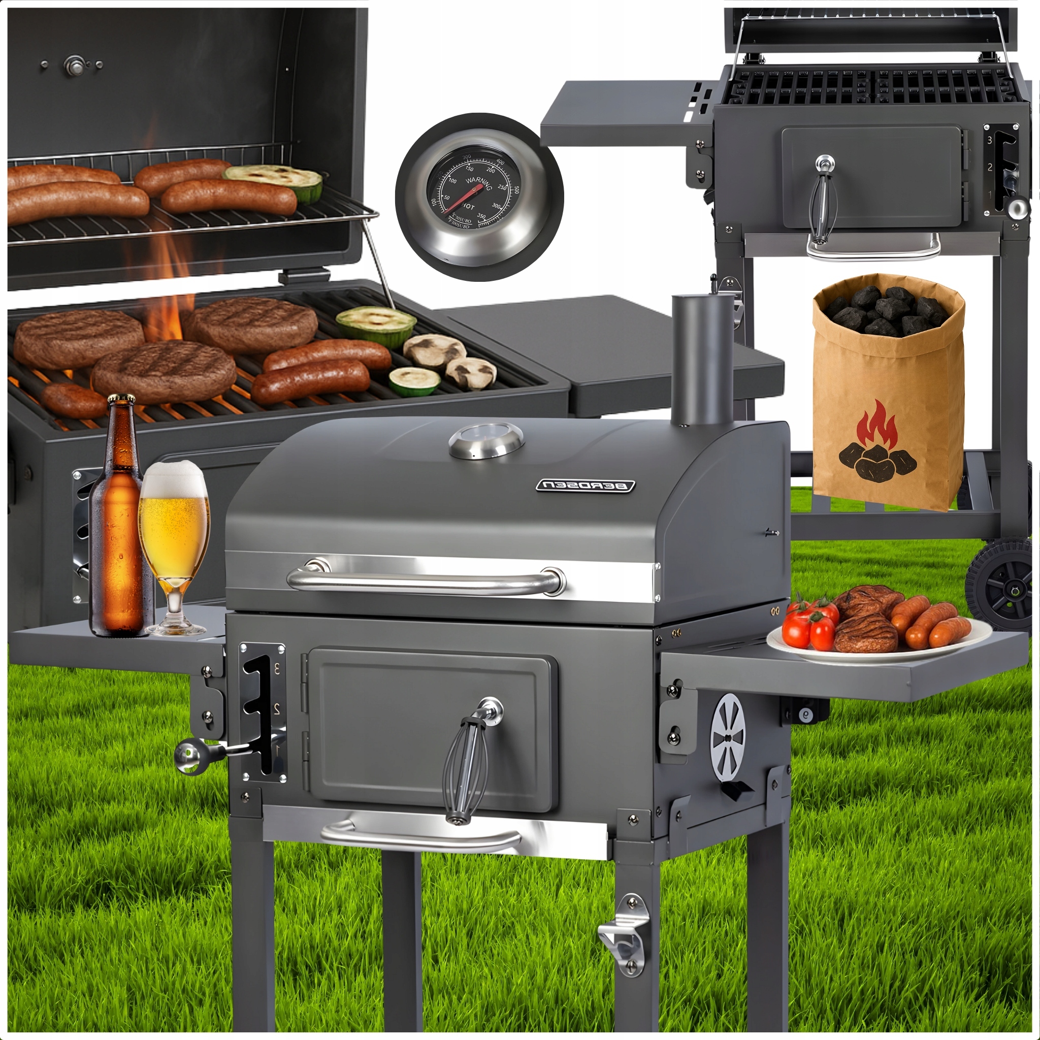 Grill Węglowy Ogrodowy Duży Gril Rodzinny Pokrywa Popielnik Ruszt Żeliwny