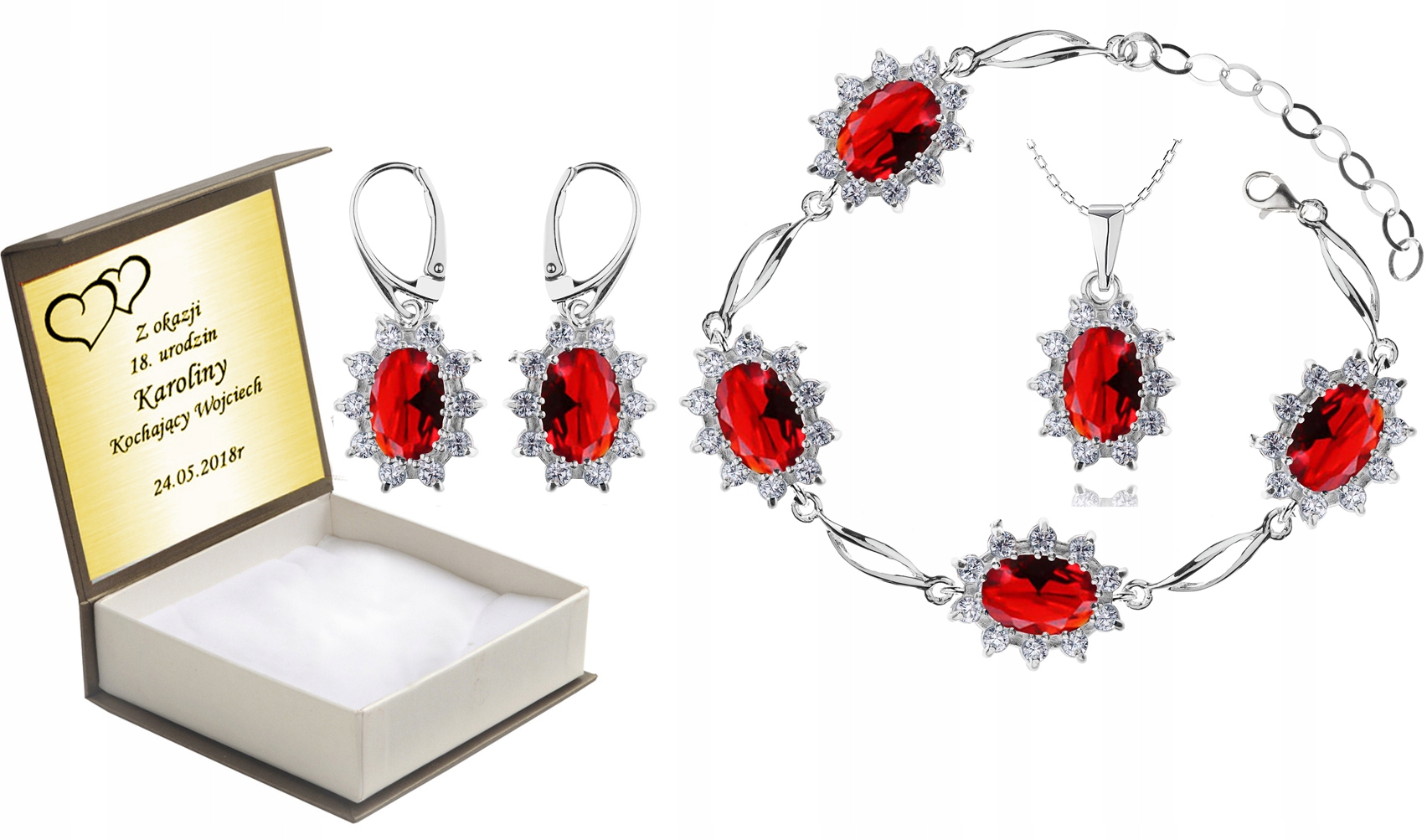 

Komplet Biżuterii Z Czerwonymi Cyrkoniami +grawer