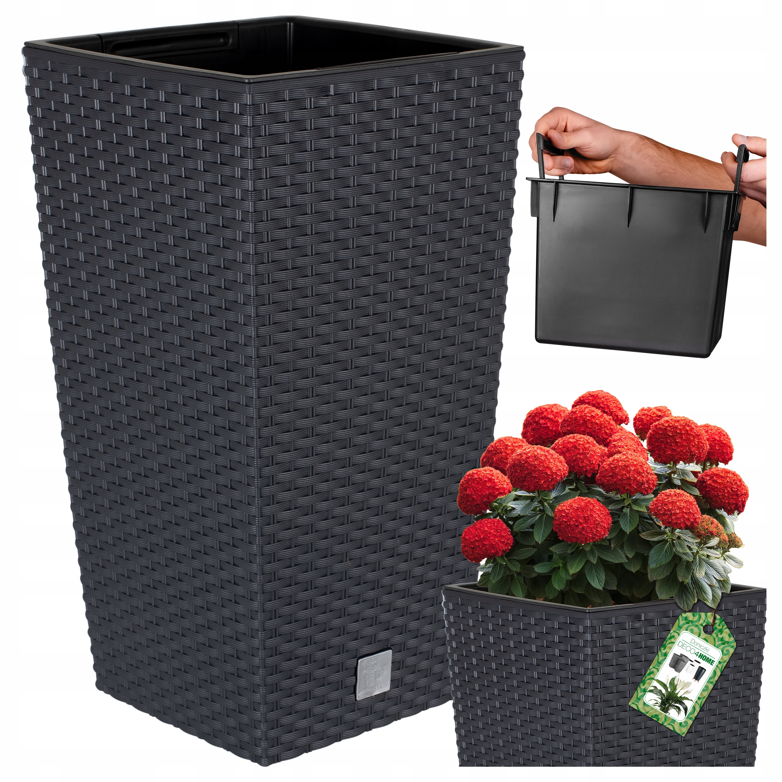 Doniczka Donica Ogrodowa Taras Rattan Kwietnik Antracyt Wysoka 61CM Wkład