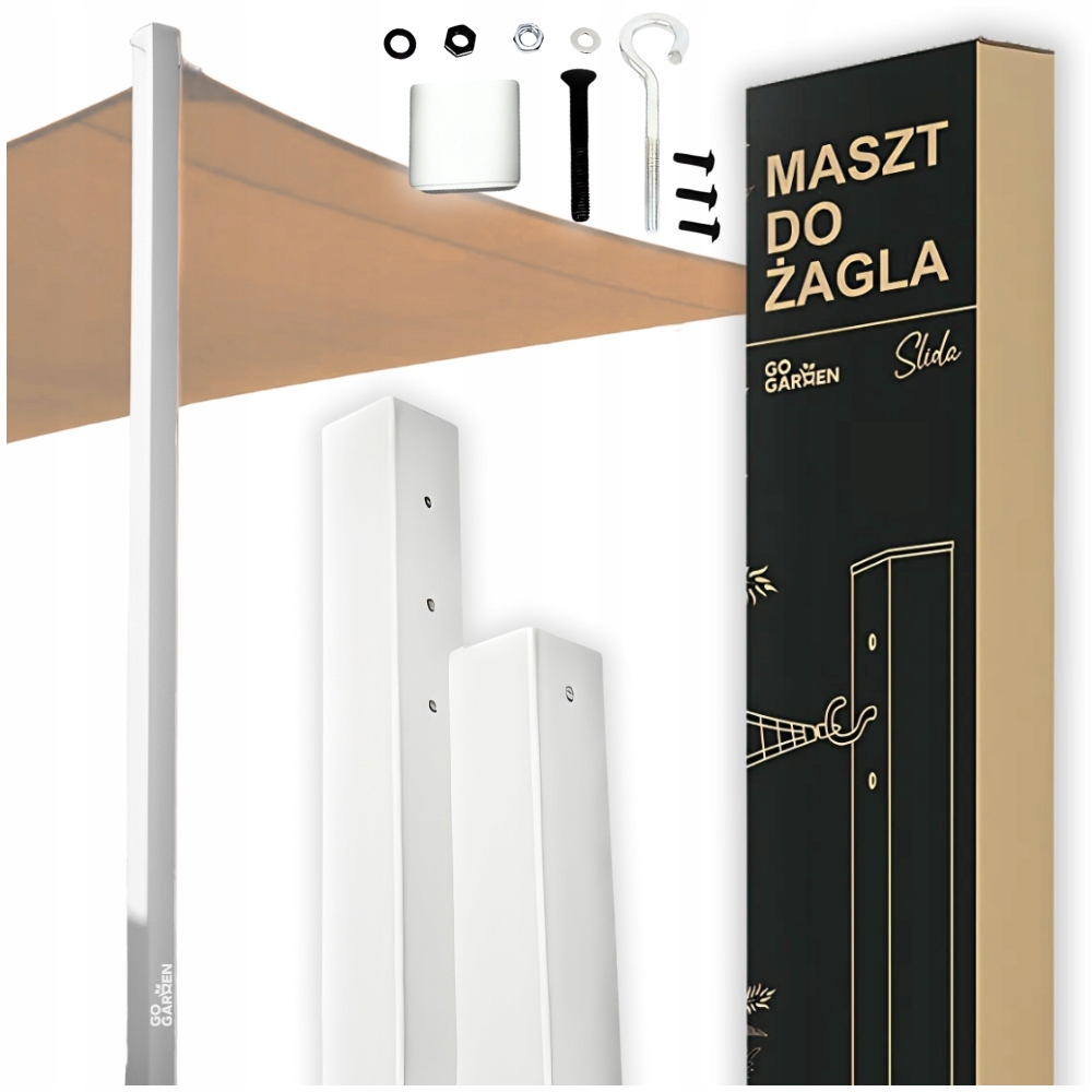 Zahradní stožár pro sluneční plachtu, bílý sloupek, kovová kotvící kolík, sada