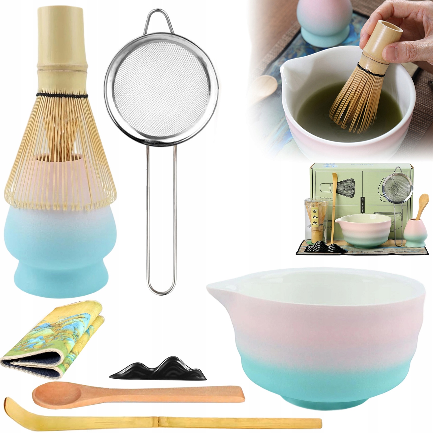 Zestaw Prezentowy Do Herbaty Matcha Czarka Miotełka Podstawka Łyżeczka