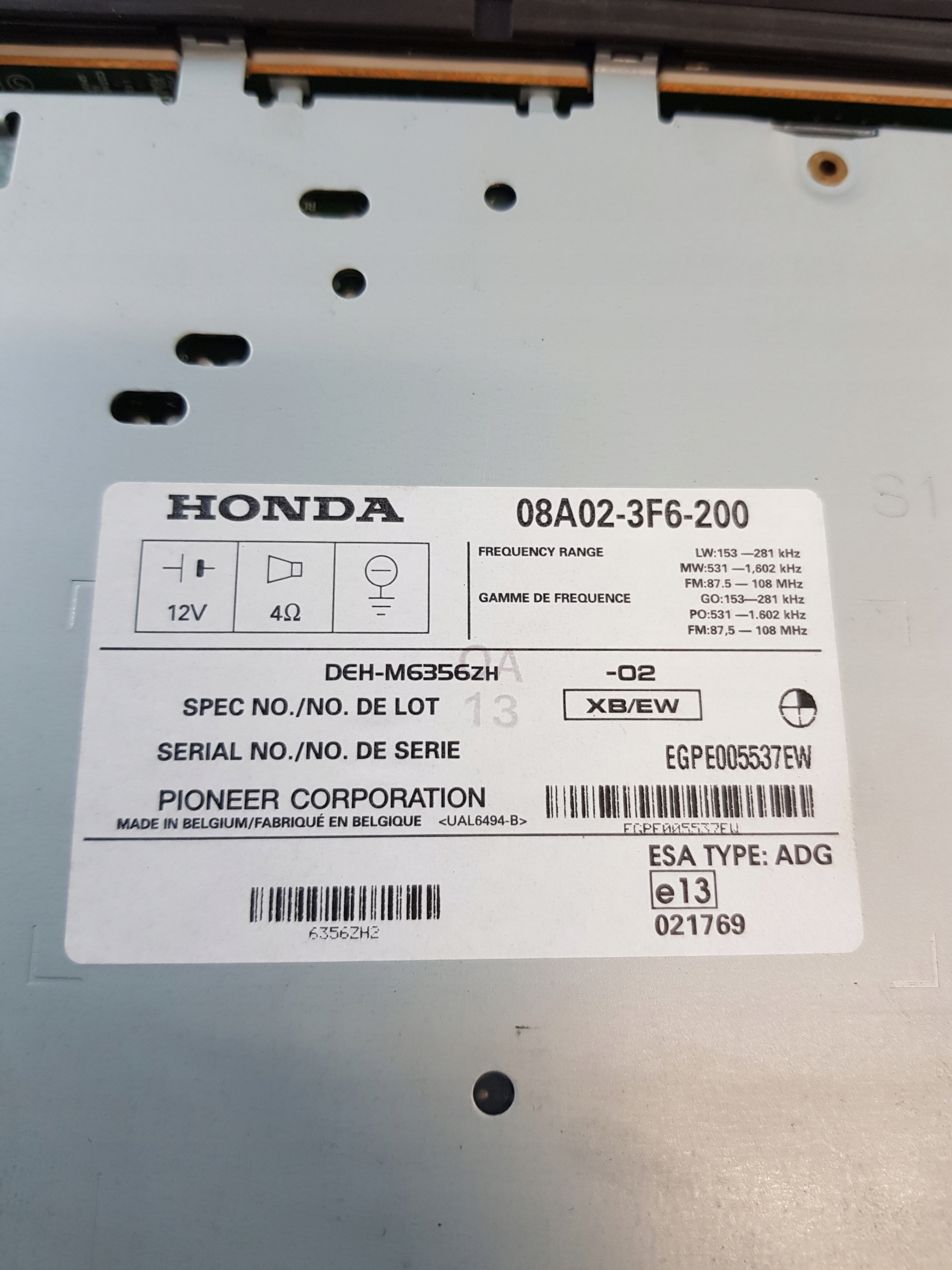 RADIO DEH-M6356ZH HONDA STREAM e