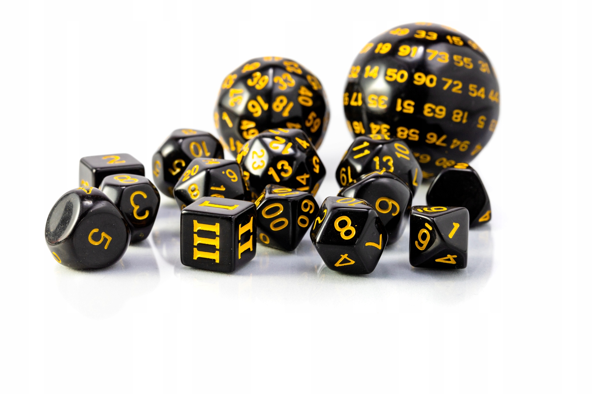 KOSTKI RPG CZARNO-ŻÓŁTY ZESTAW 15 KOŚCI KOSTEK Liczba ścian 4 6 8 10 12 20 30 60 100