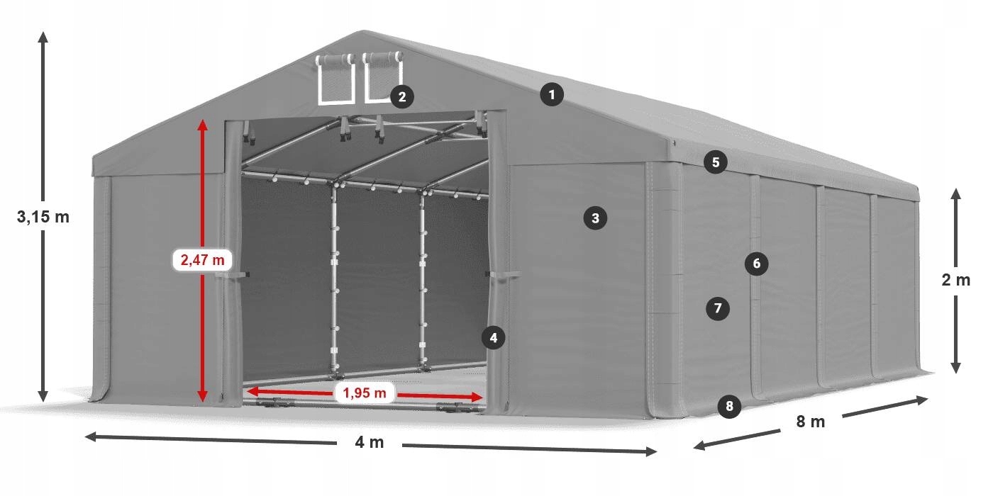 Namioty Przemysłowe 4x8m Budowlane DAS 560 SP Szerokość 4 m