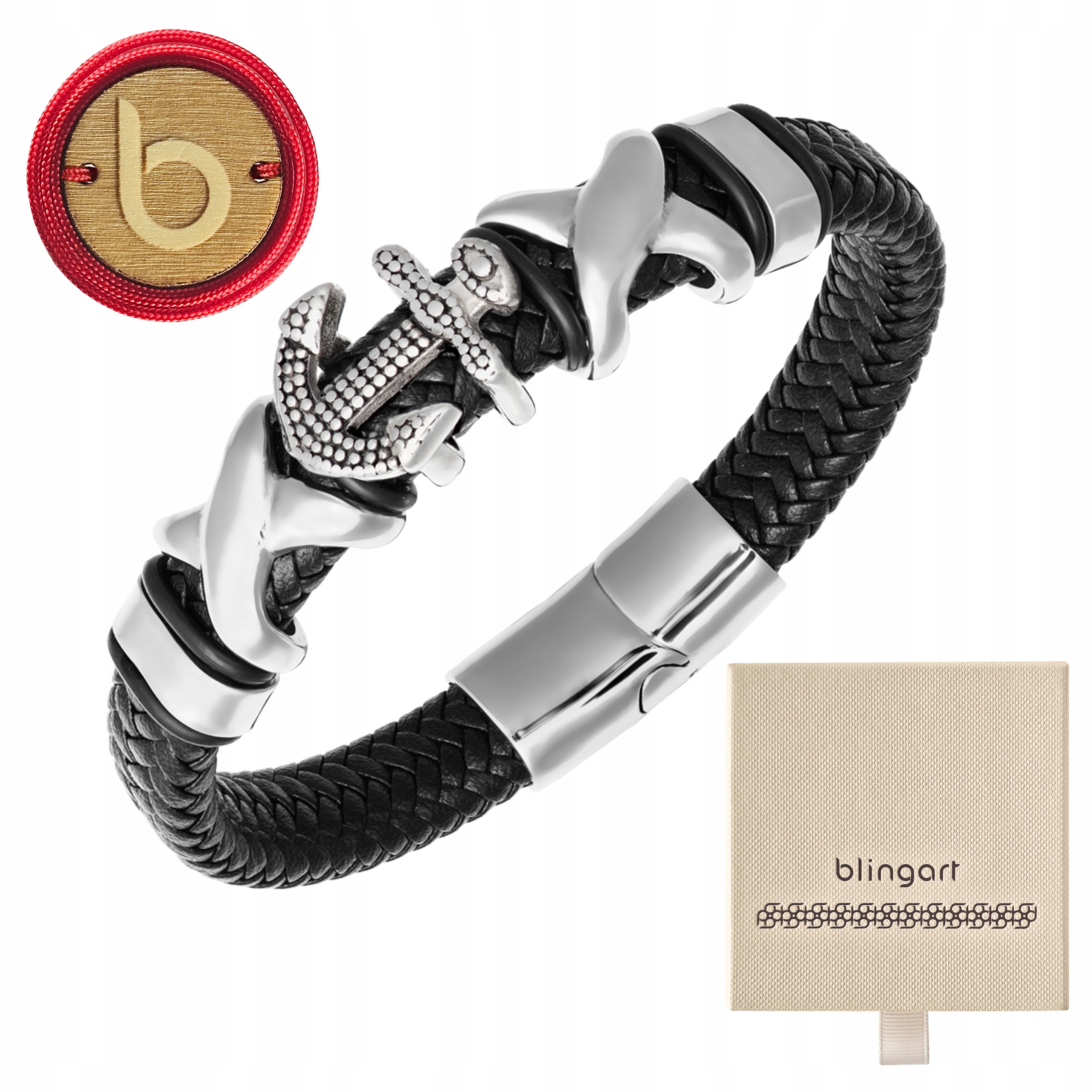 Pánský náramek kožený kotva černá pletená z oceli 316L Blingart