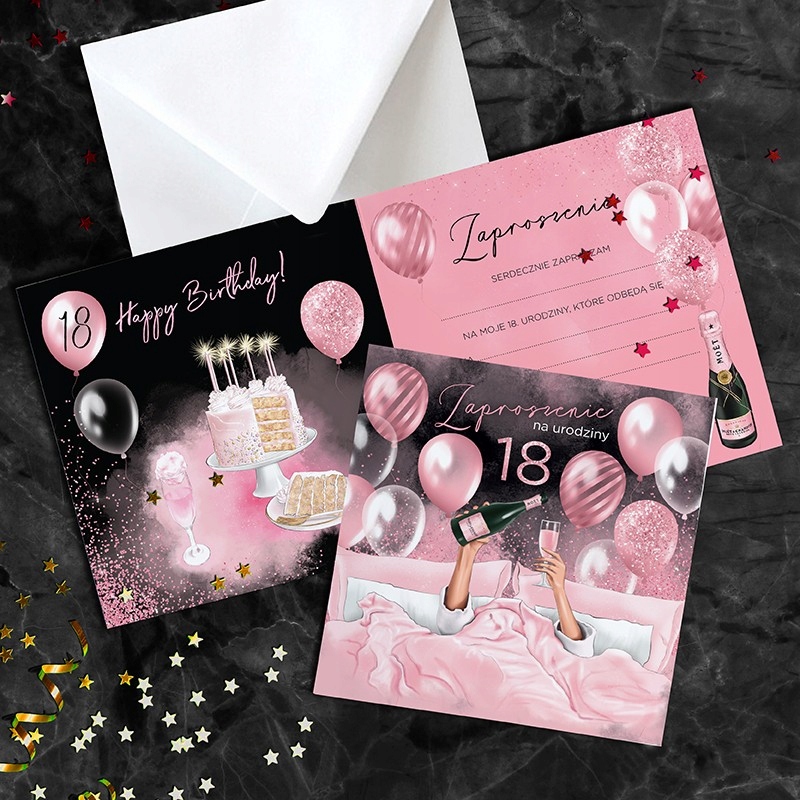 Zaproszenia na 18 Urodziny osiemnastkę koperty 10szt Happy Day Szerokość produktu 15 cm