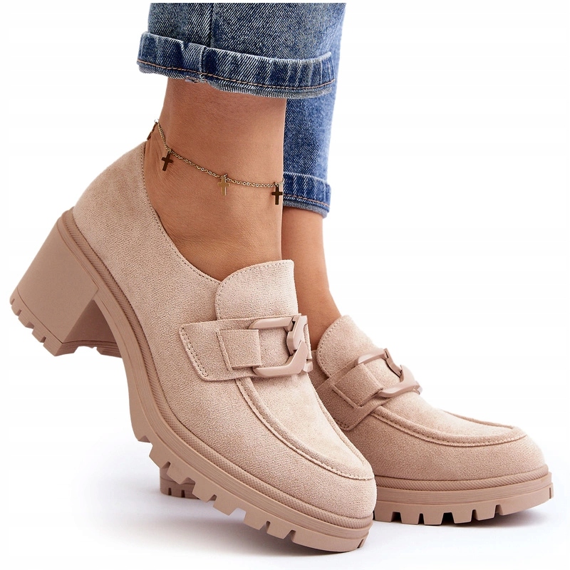 Dámské Semišové Polobotky, Masivní Podpatek, Béžová Barva, Velikost 40