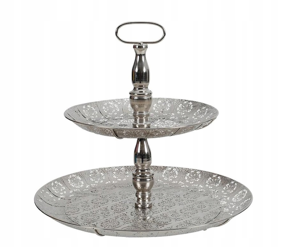 PATERA METALOWA BOGATO ZDOBIONA 2 POZIOMOWA SREBRNA 49 CM OUTLET Marka ZD
