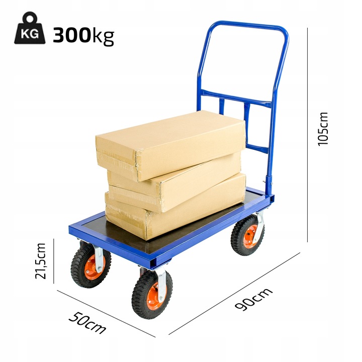 WÓZEK MAGAZYNOWY PLATFORMOWY towarowy 90x50 300KG Cechy dodatkowe uchwyty do prowadzenia
