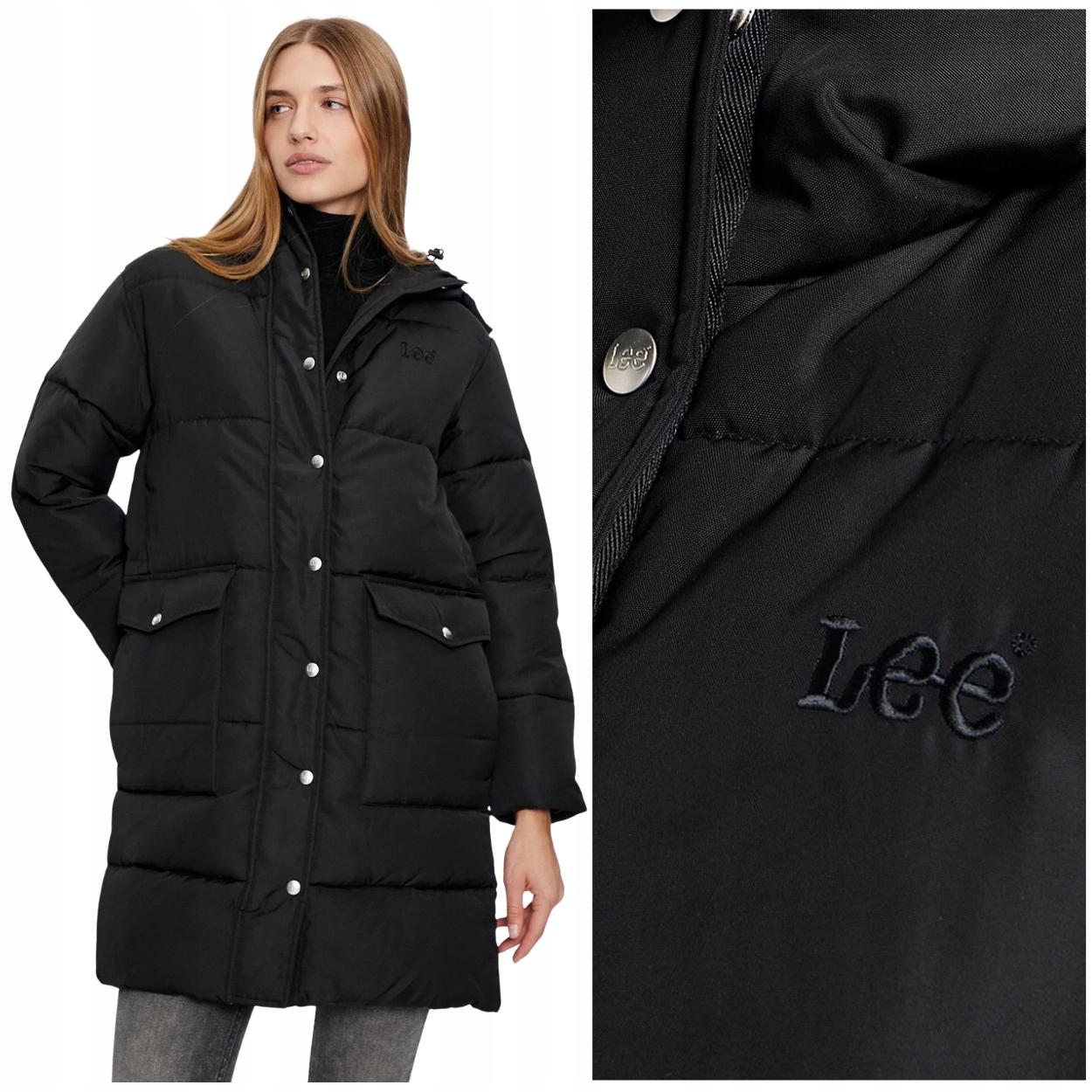 Lee Long Puffer Jacket dlouhá černá dámská péřová bunda s kapucí S