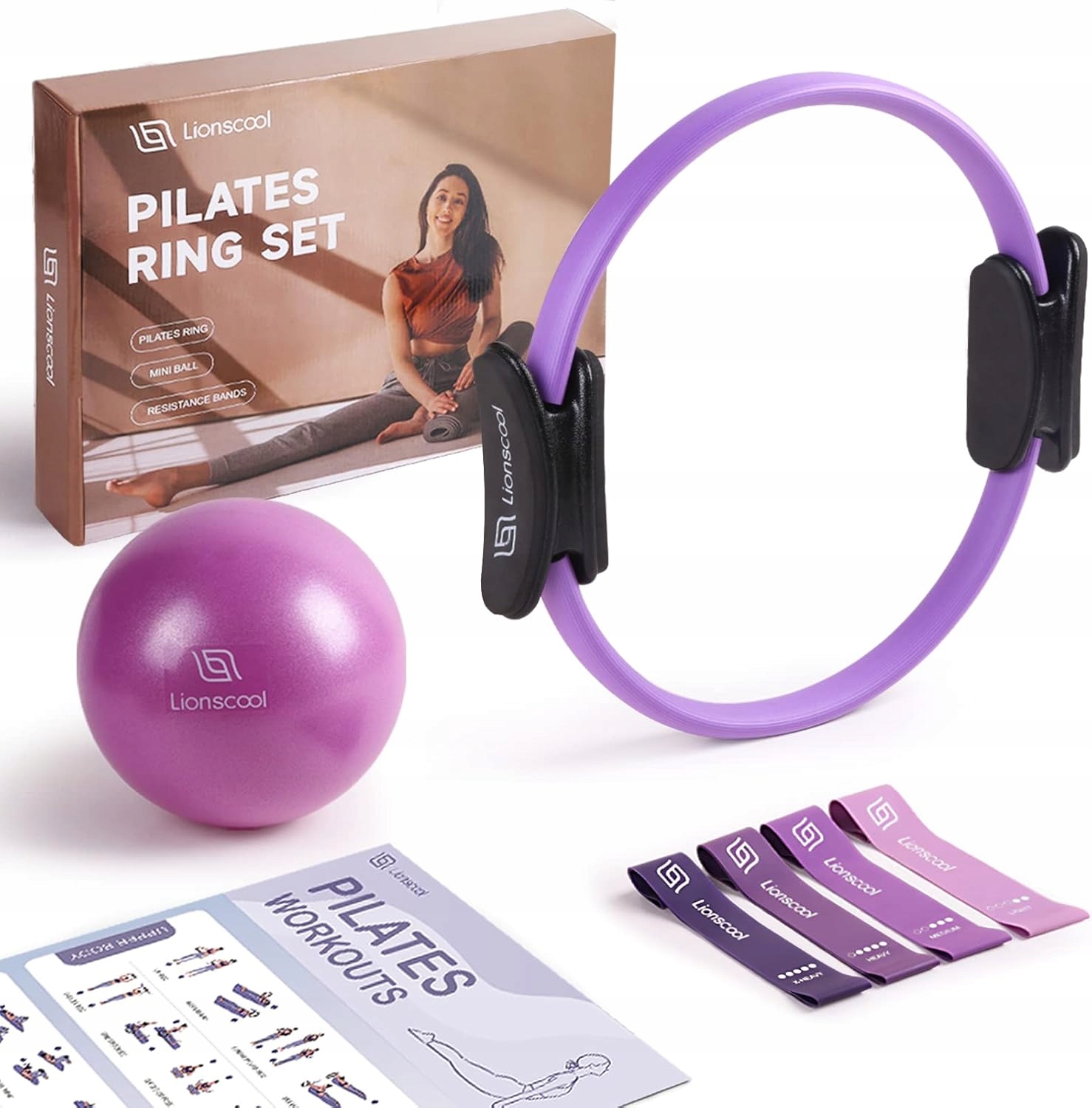 Lionscool Zestaw pierścieni do pilatesu, koło 35cm, mini piłka, taśmy
