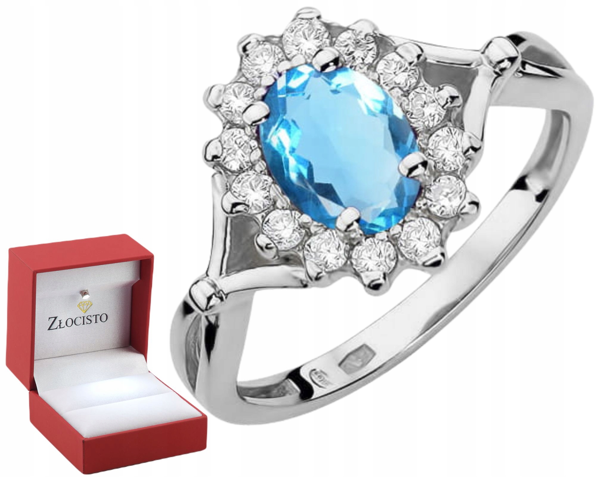 Białe Złoto Pierścionek Z Niebieskim Kamieniem Topaz I Brylanty 585 Grawer