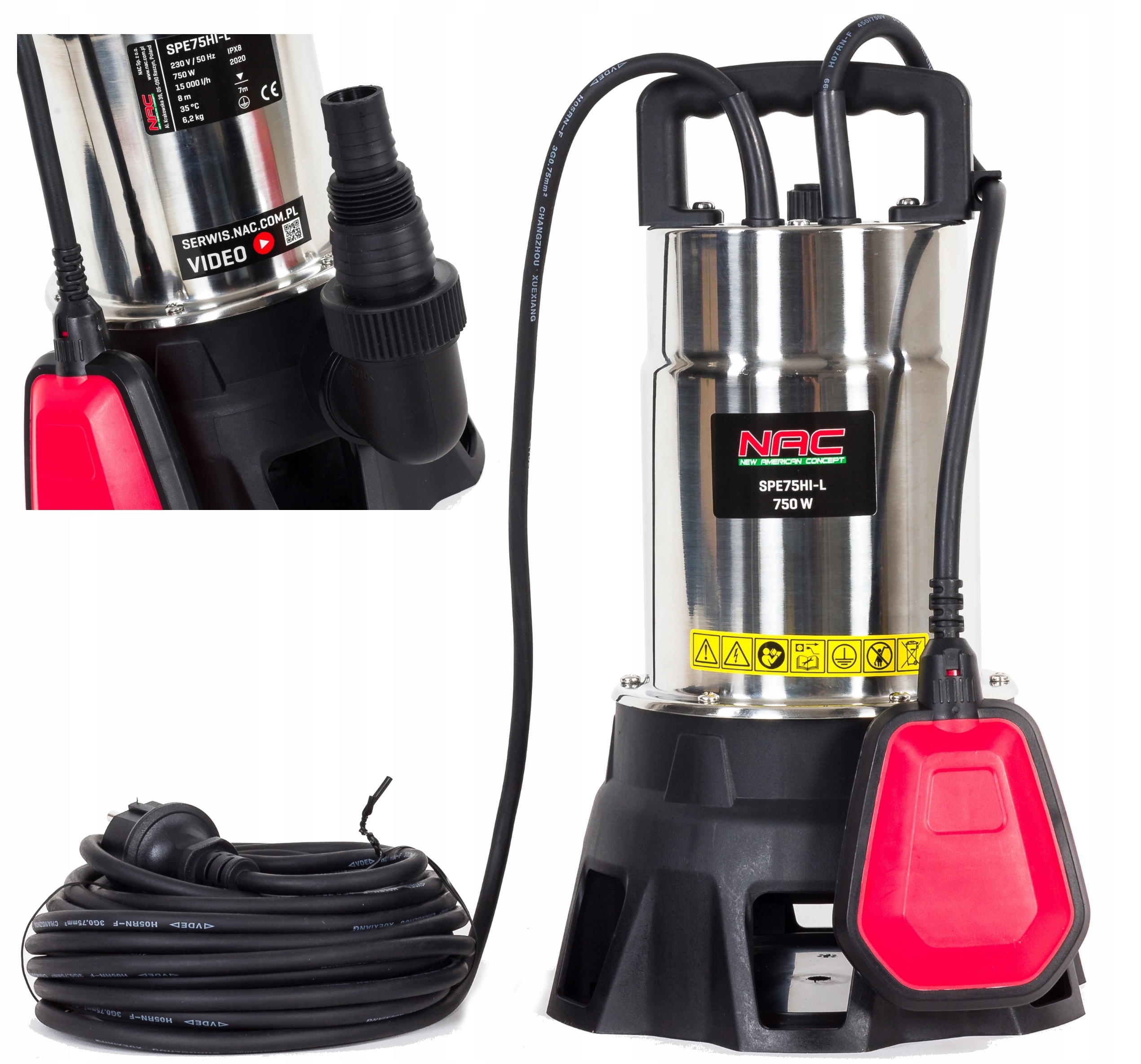 Ponorná Pumpa Na Špinavú Vodu Nac SPE75HI-L Záhradná 750W 15000L/H Inox