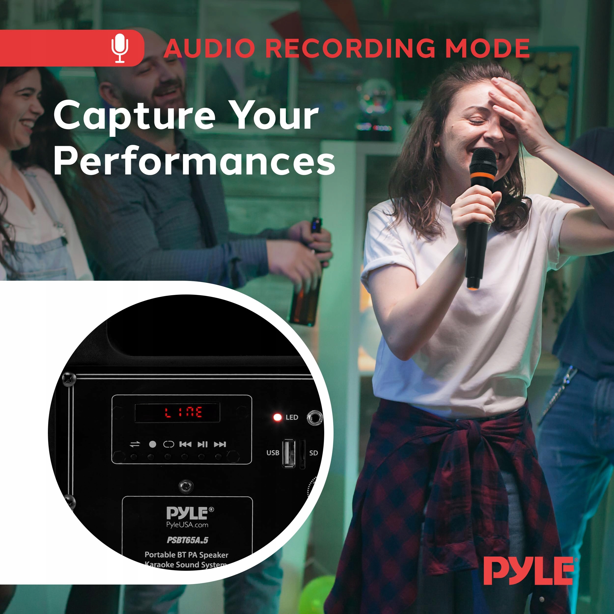 PYLE Przenośna Karaoke Maszyna Bluetooth Głośnik Party 600W LED MP3 USB SD — miniatura 5