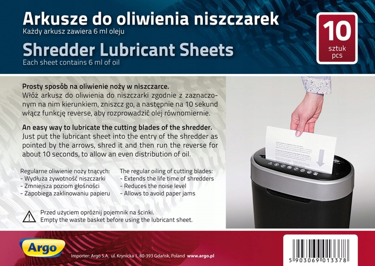 

Arkusze do oliwienia niszczarek Argo 10 sztuk