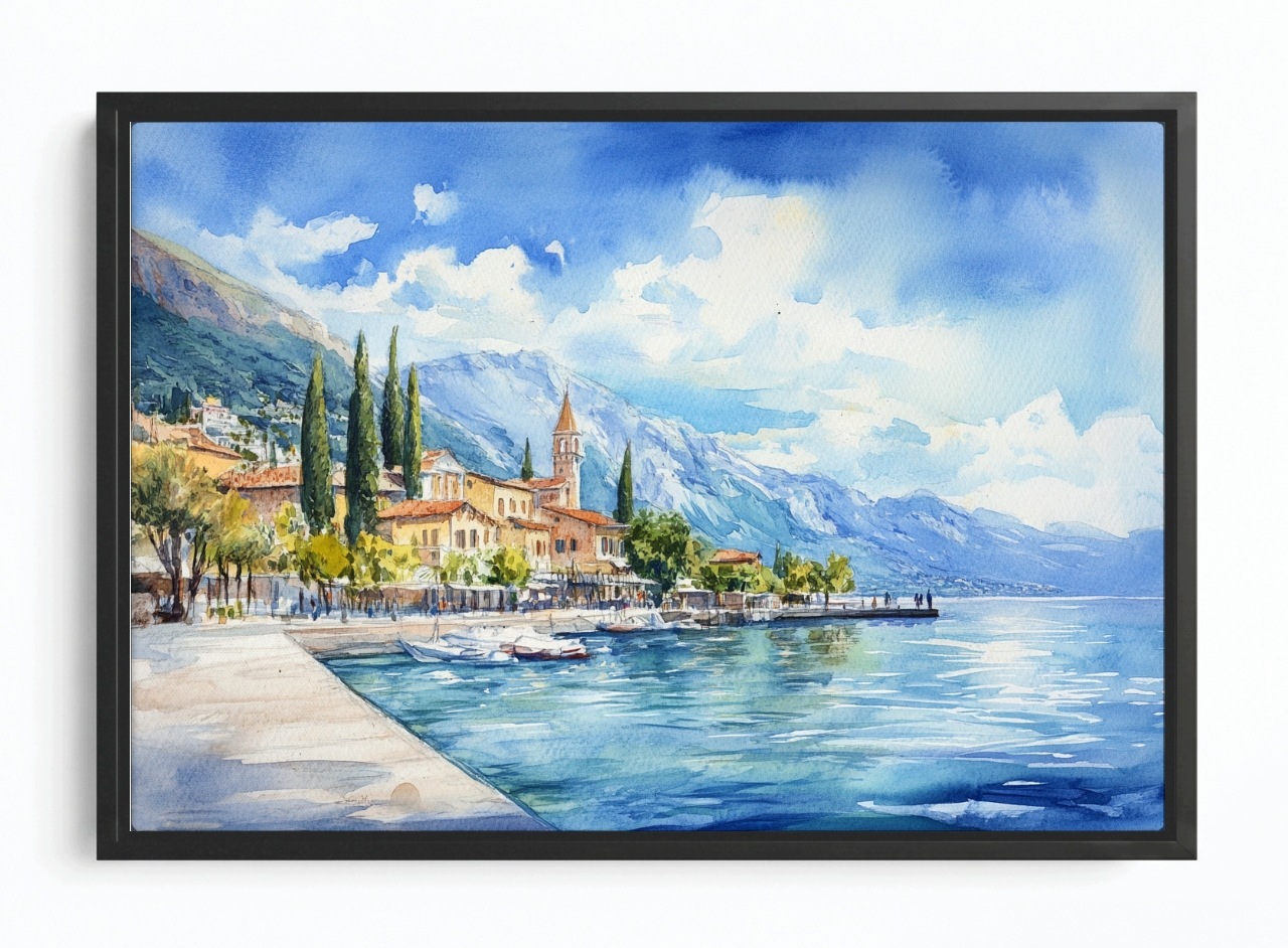 Obraz Rám Americký Box Jezero Itálie Krajina Hory Garda Akvarel 120x80