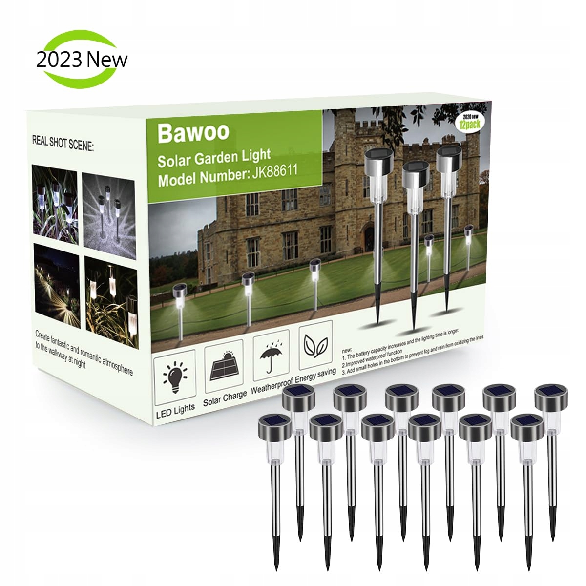 SOLARNE LED LAMPY OGRODOWE IP65 WODOODPORNE 12 SZTUK ENERGOOSZCZĘDNE — miniatura 7