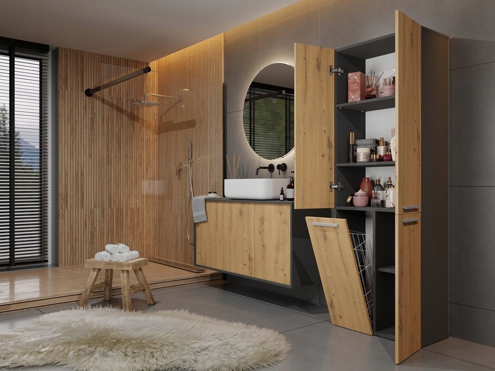 SZAFKA ŁAZIENKOWA STOJĄCA REGAŁ SŁUPEK PÓŁKI NEL DD ANTRACYT/ ARTISAN +KOSZ Typ stojące