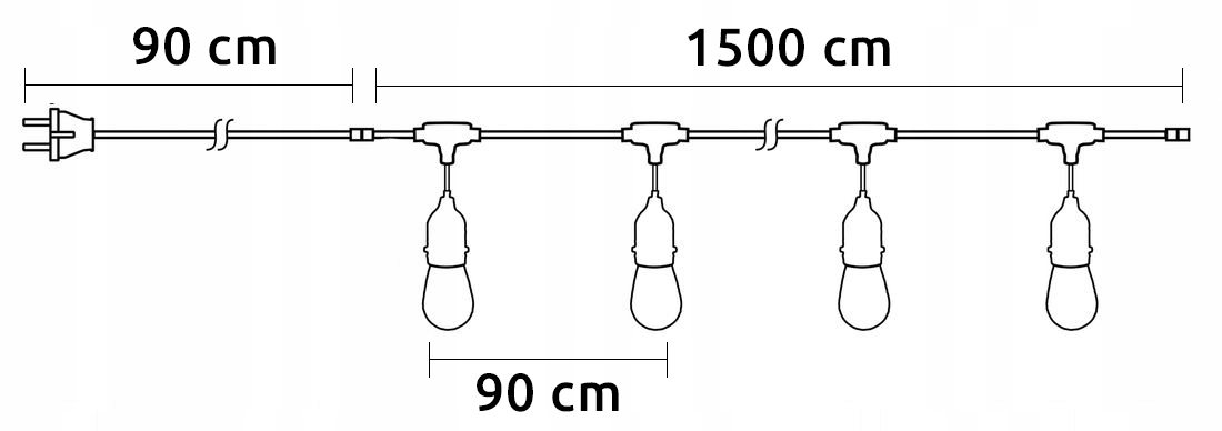 Girlanda ogrodowa Zewnętrzna Łańcuch Świetlny 15m + 15x żarówka LED E27 L Odległość między żarówkami 90 cm