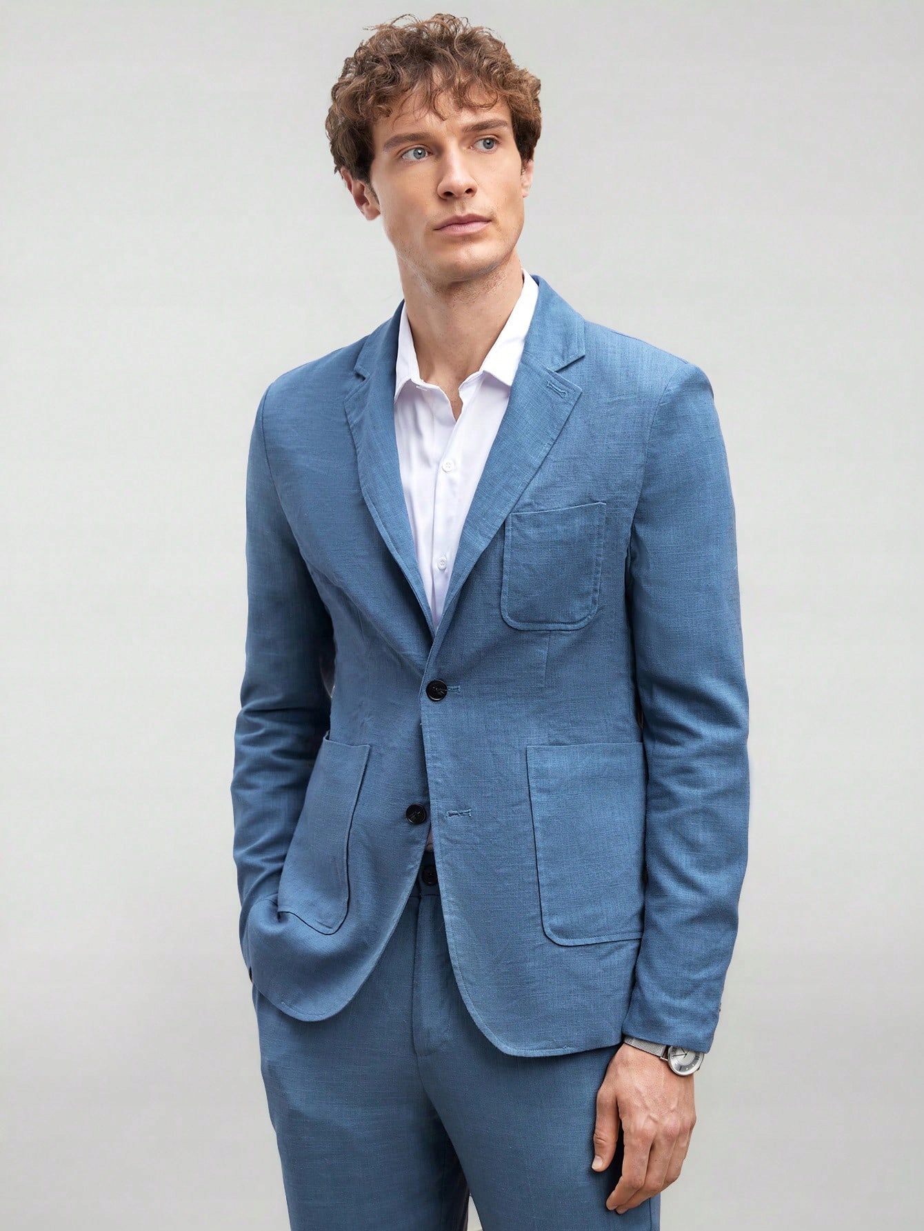 Pánský Elegantní Lněný Modrý Oblek Sako S Kalhotami Shein M