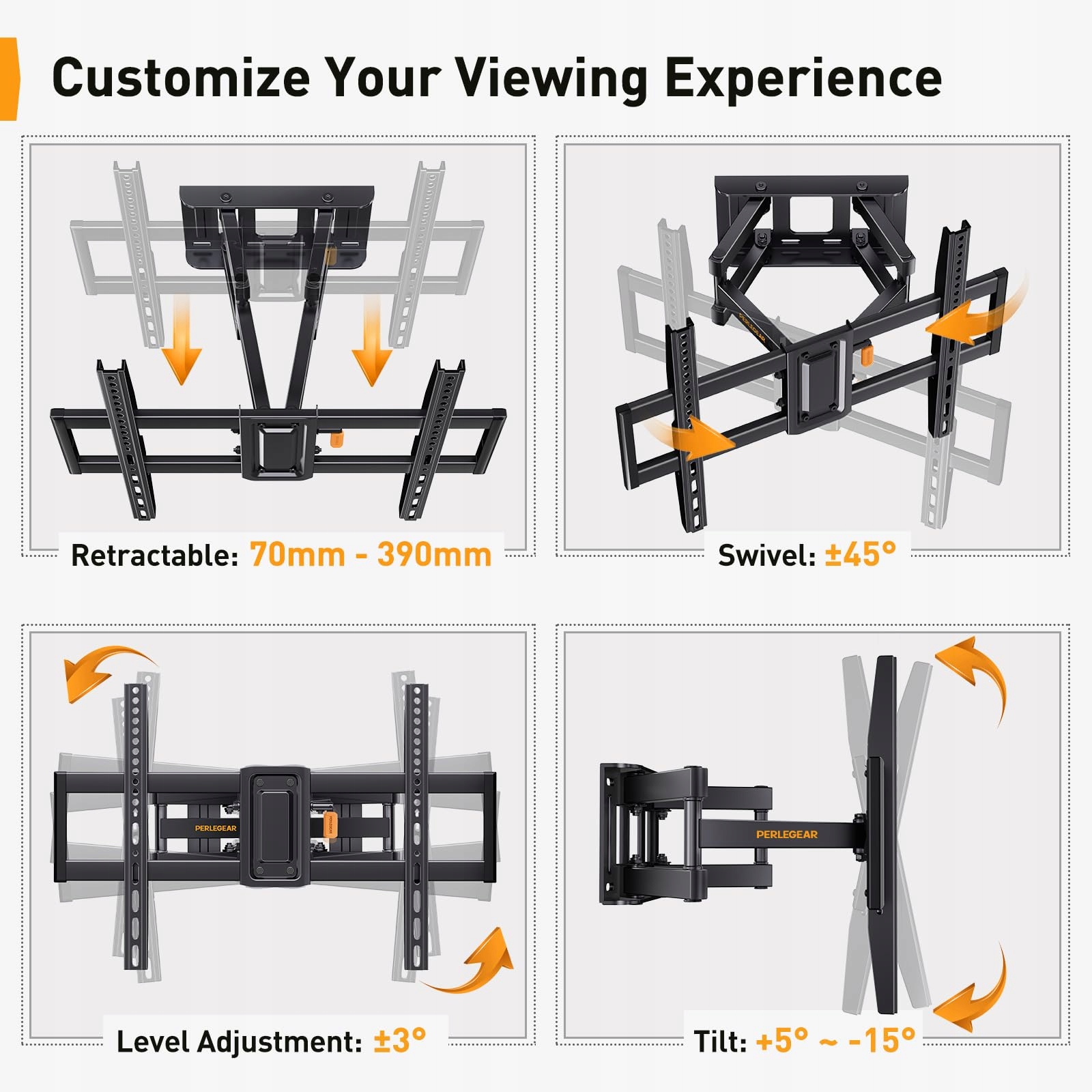 PERLEGEAR Uchwyt TV Ścienny Obrotowy Dla 37-82 Calowych Telewizorów 60kg — miniatura 2