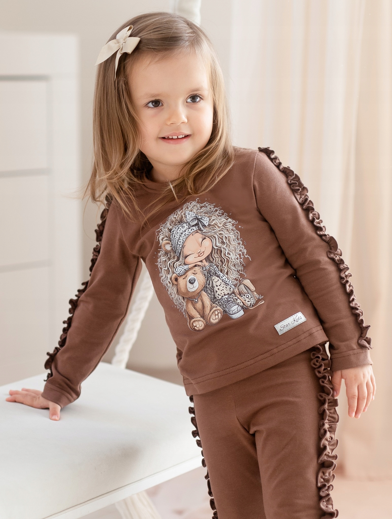 Star Kids Dziewczęcy komplet Miś Bawełna Bluzka+legginsy Brązowy Rozm. 92