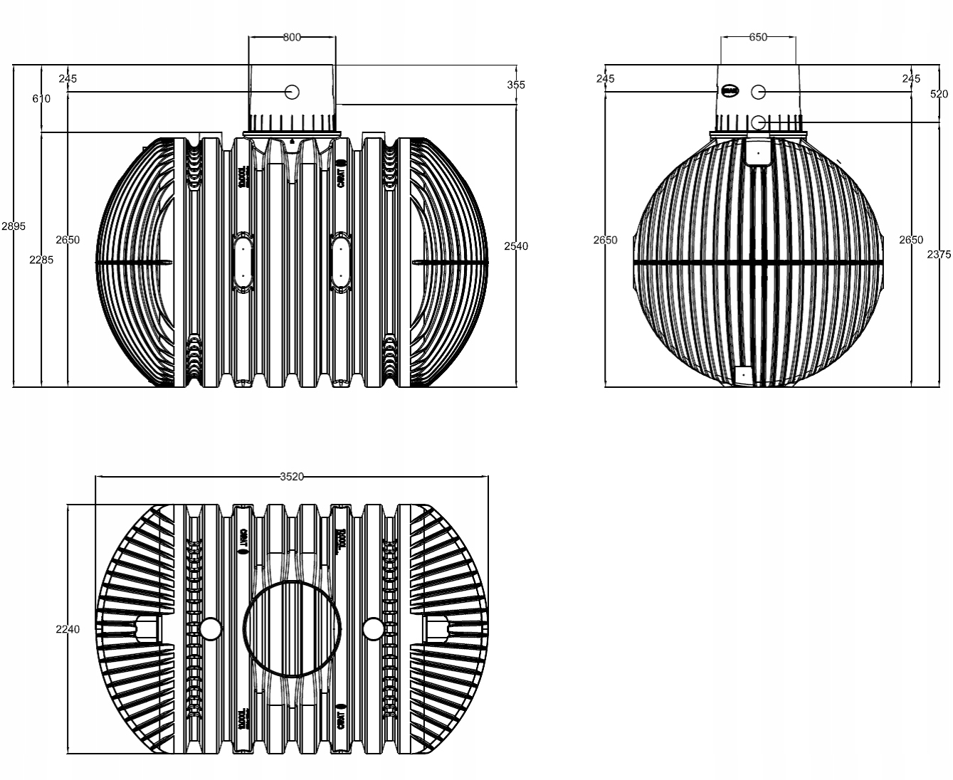 Zbiornik podziemny na deszczówkę PE 10 000 l Szerokość produktu 2240 cm