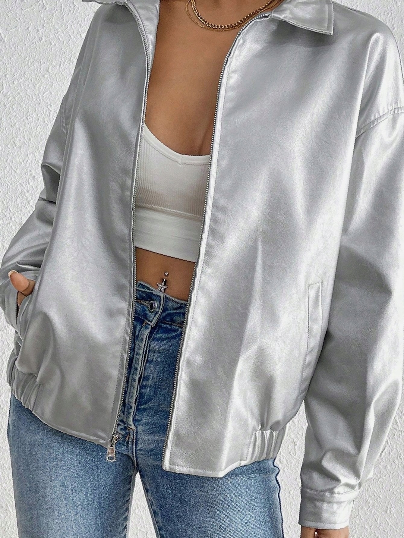 Bunda s límcem Stříbrná Casual Bomber Kožená Xs 34