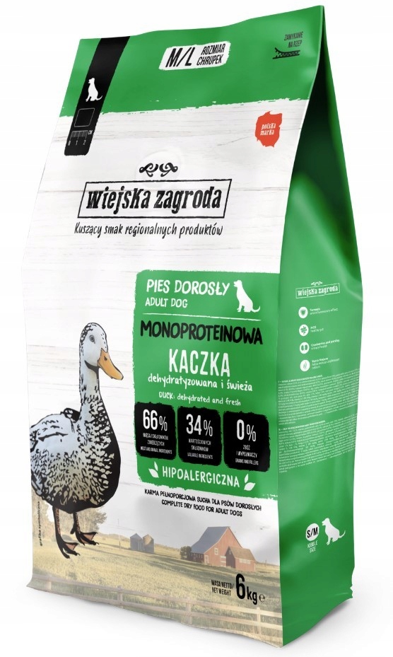 Wiejska Zagroda Pies Monobiałkowa Kaczka 6kg rozmiar chrupek M/L
