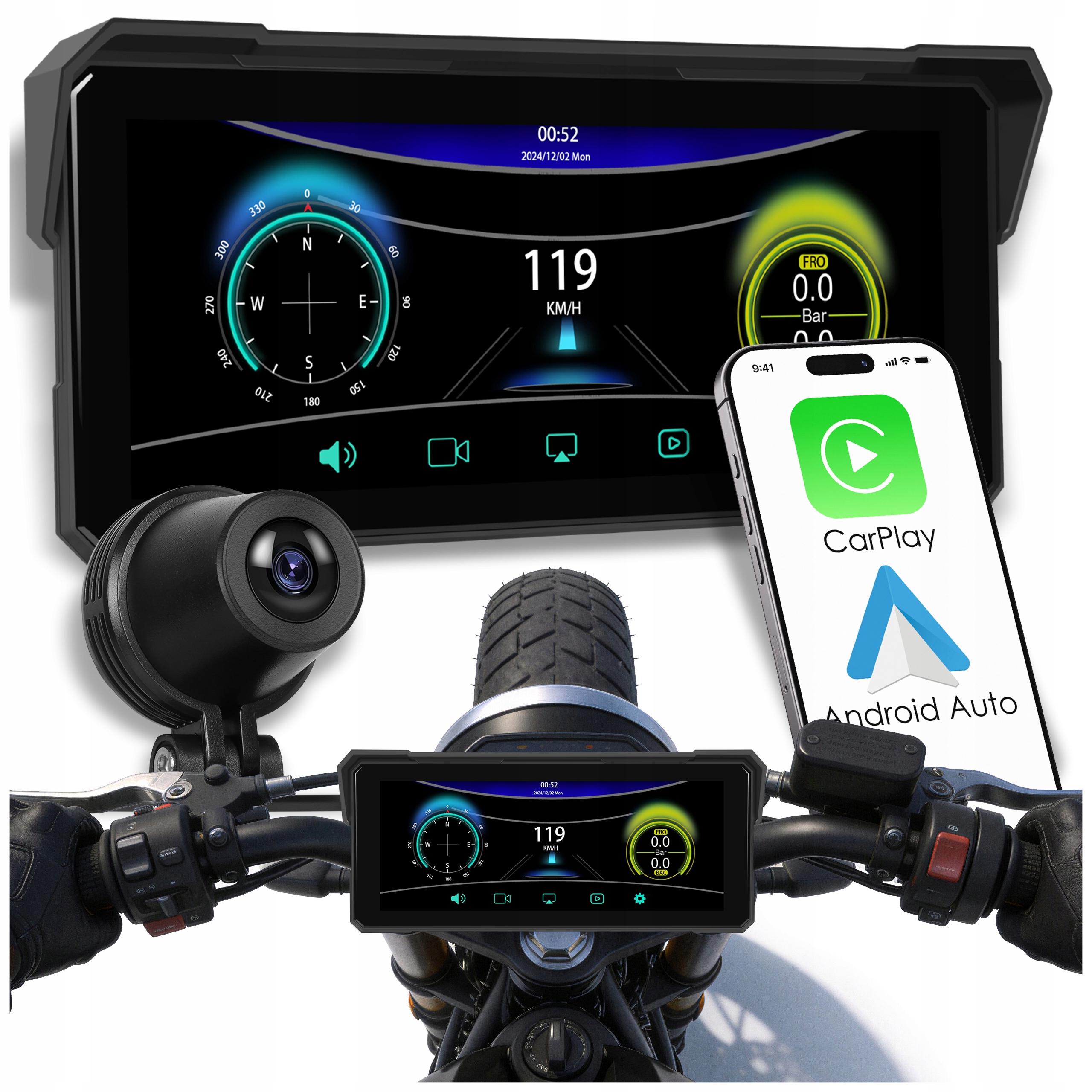 Motocyklová Stanice 2 Kamery Dvr Dálkové Ovládání Navigace Carplay Android Auto 8.1"