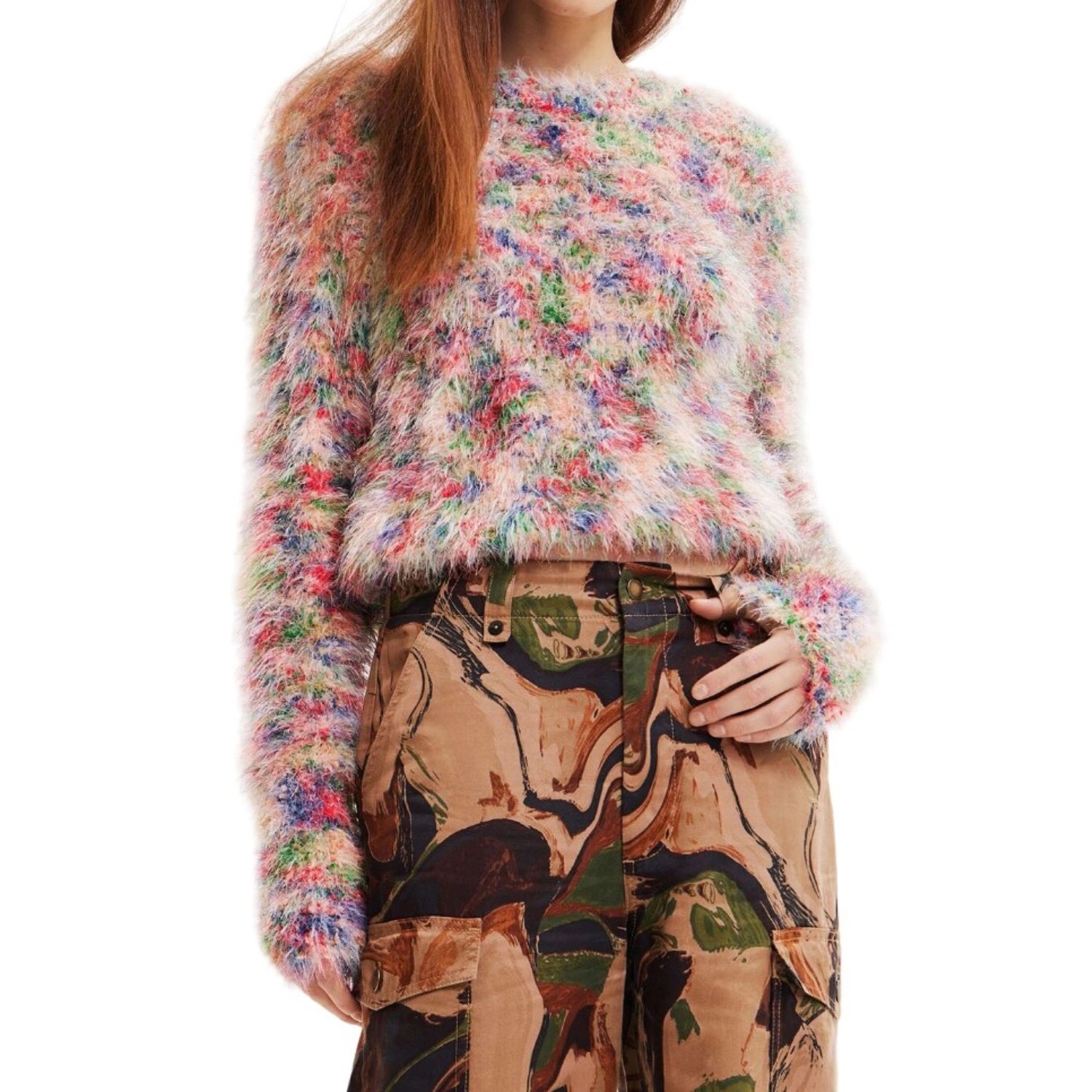 Svetr Desigual Mia dámský barevný kožešinový krátký módní vel.