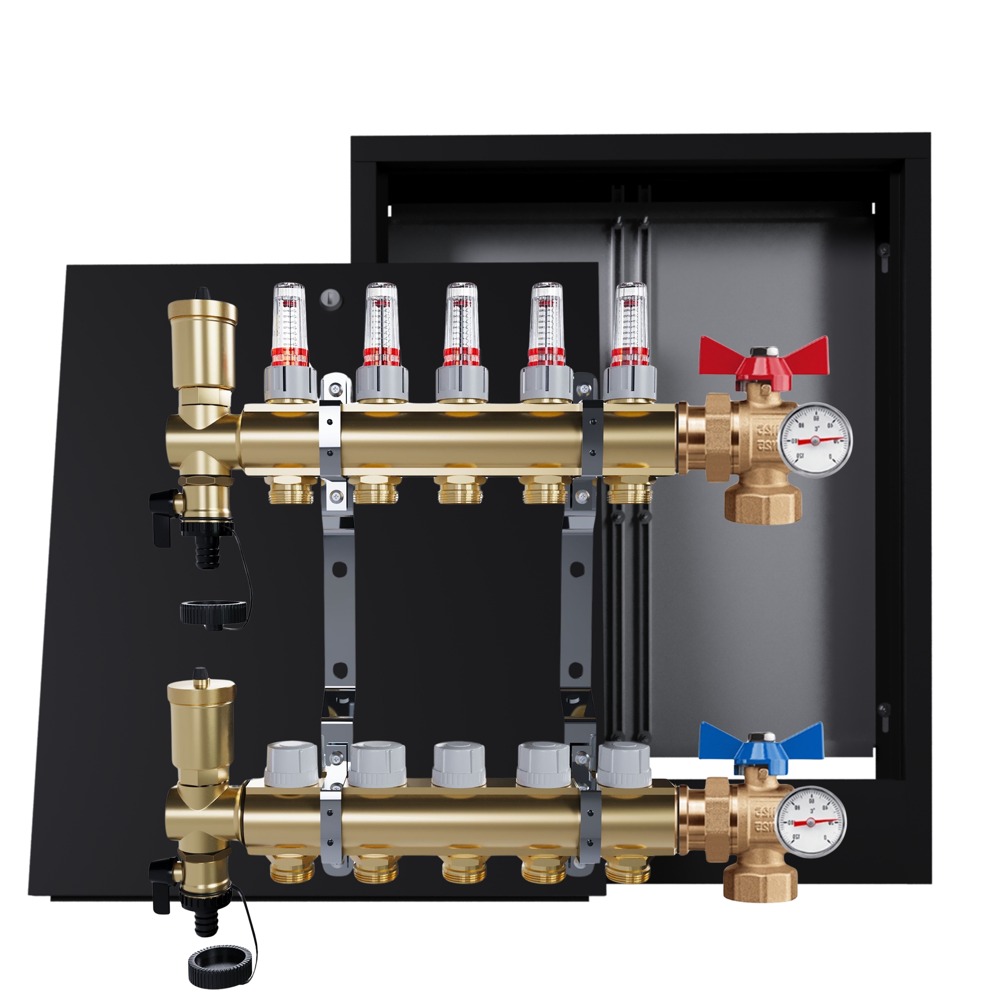 Rozdělovač Pro Podlahovku 5 Okruhů Ventily Nástěnná Skříňka Černá