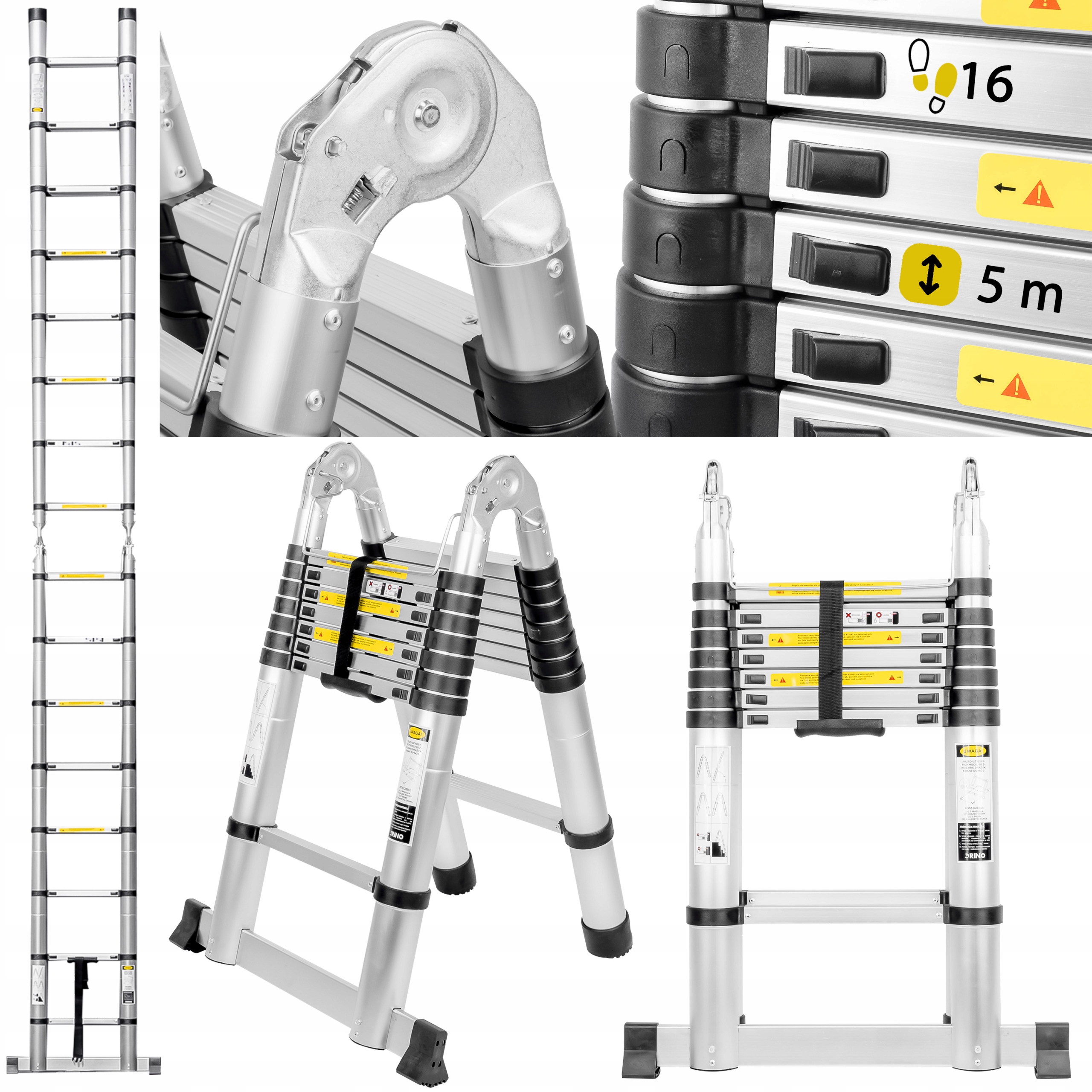 DRABINA TELESKOPOWA ALUMINIOWA 5M SKŁADANA PRZYSTAWNA 150kg LEKKA RINO