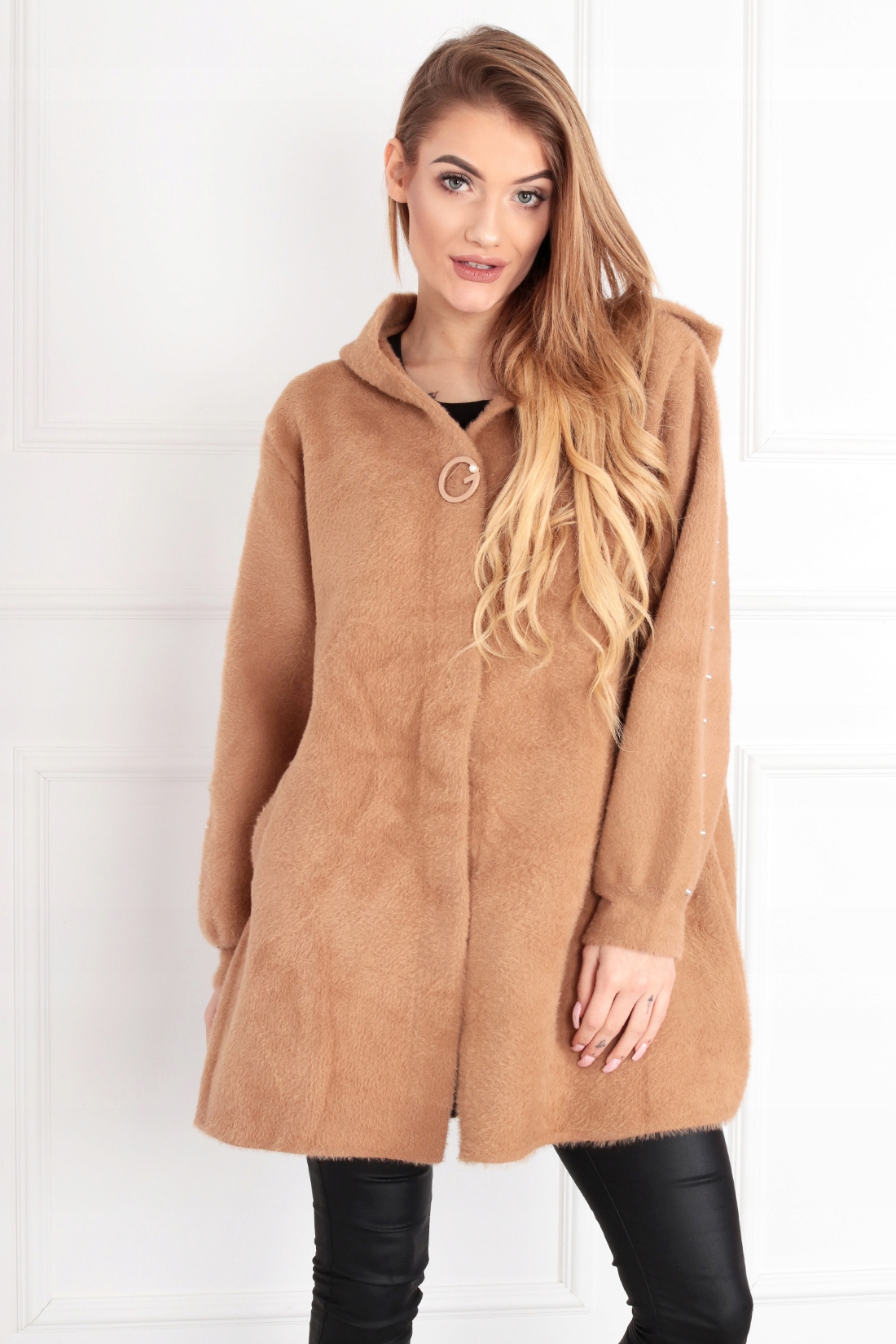 ALPAKA DAMSKA PŁASZCZ KURTKA SWETER CIEPŁA DŁUGA KAPTUR WYGODNA CAMEL 2006 Marka bez marki