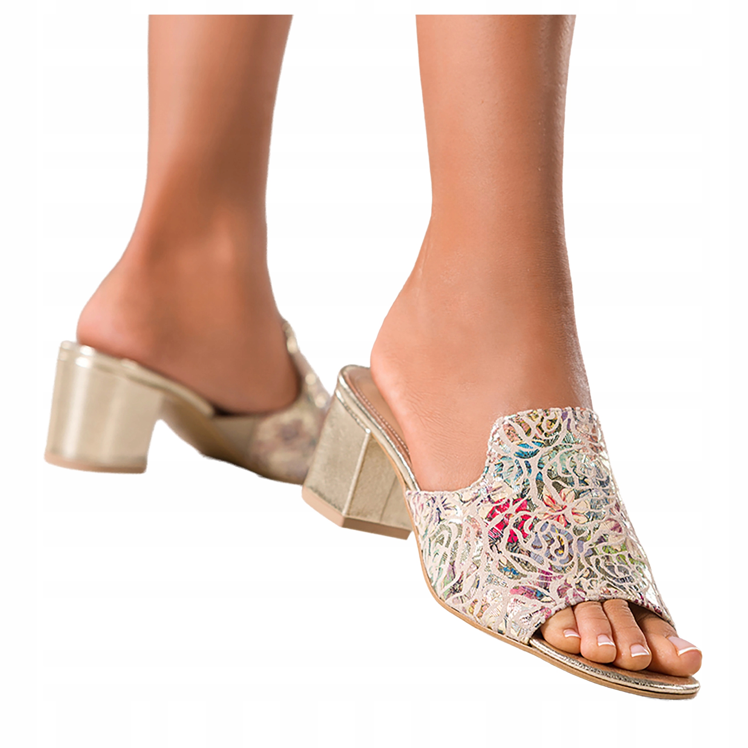 Vícebarevné Nazouváky Dámské Nízké Podpatky Svršek S Květinami Kožené vel. 41