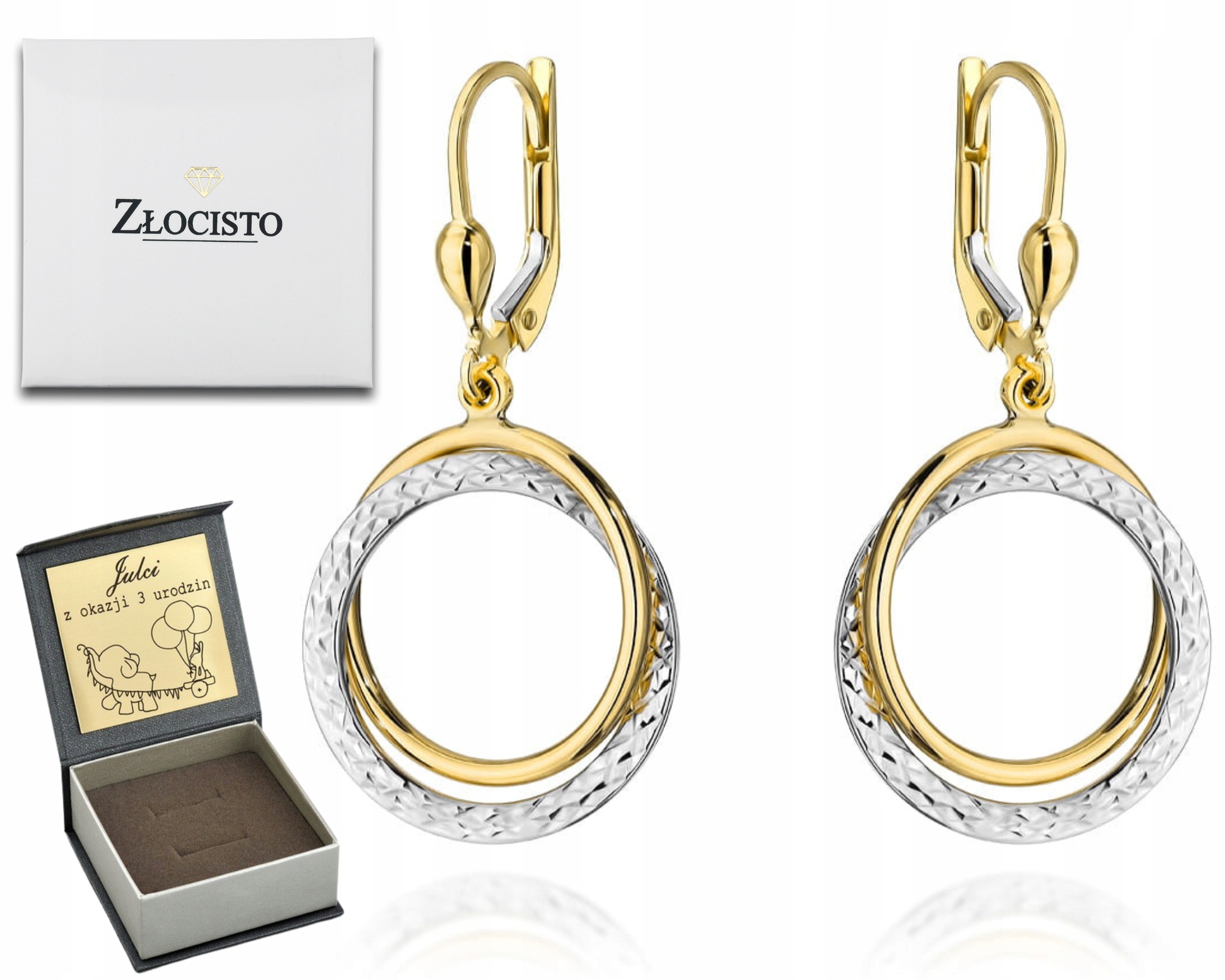 Zlaté Náušnice Závěsná Kolečka Dvě Barvy 585 Gravírování