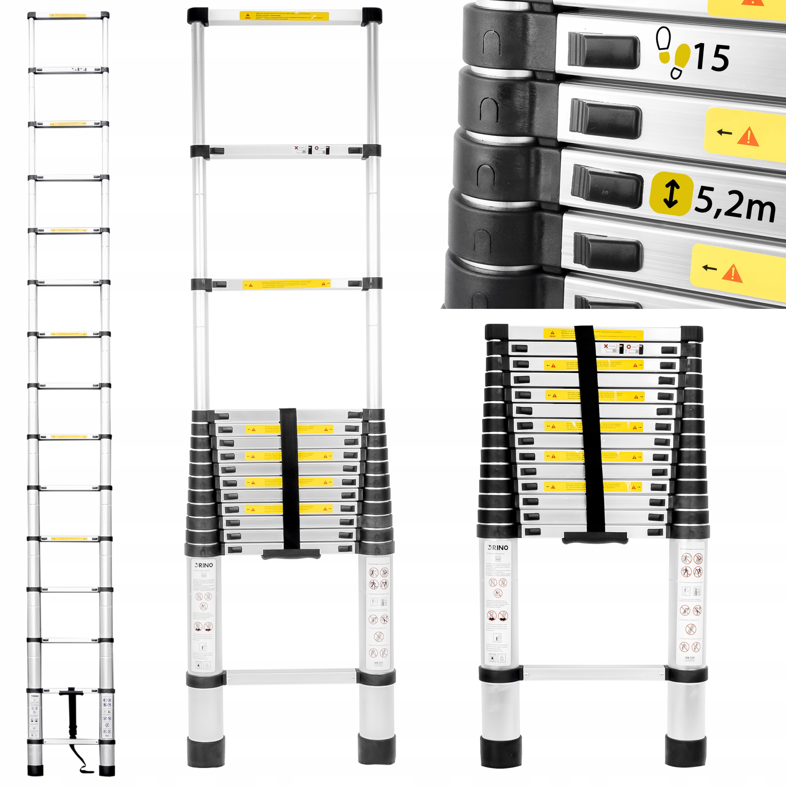 DRABINA ALUMINOWA SKŁADANA TELESKOPOWA 15 STOPNIOWA LEKKA RINO 5,2M 150KG