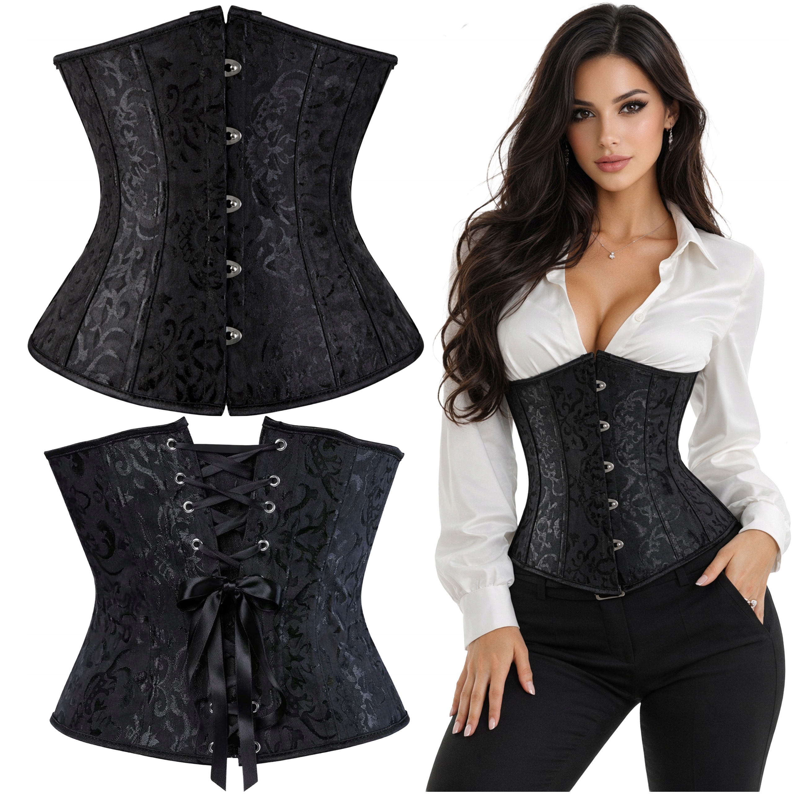 Luvu Gorset Czarny wiązany Modelujący talia osy Wyszczuplający Underbust